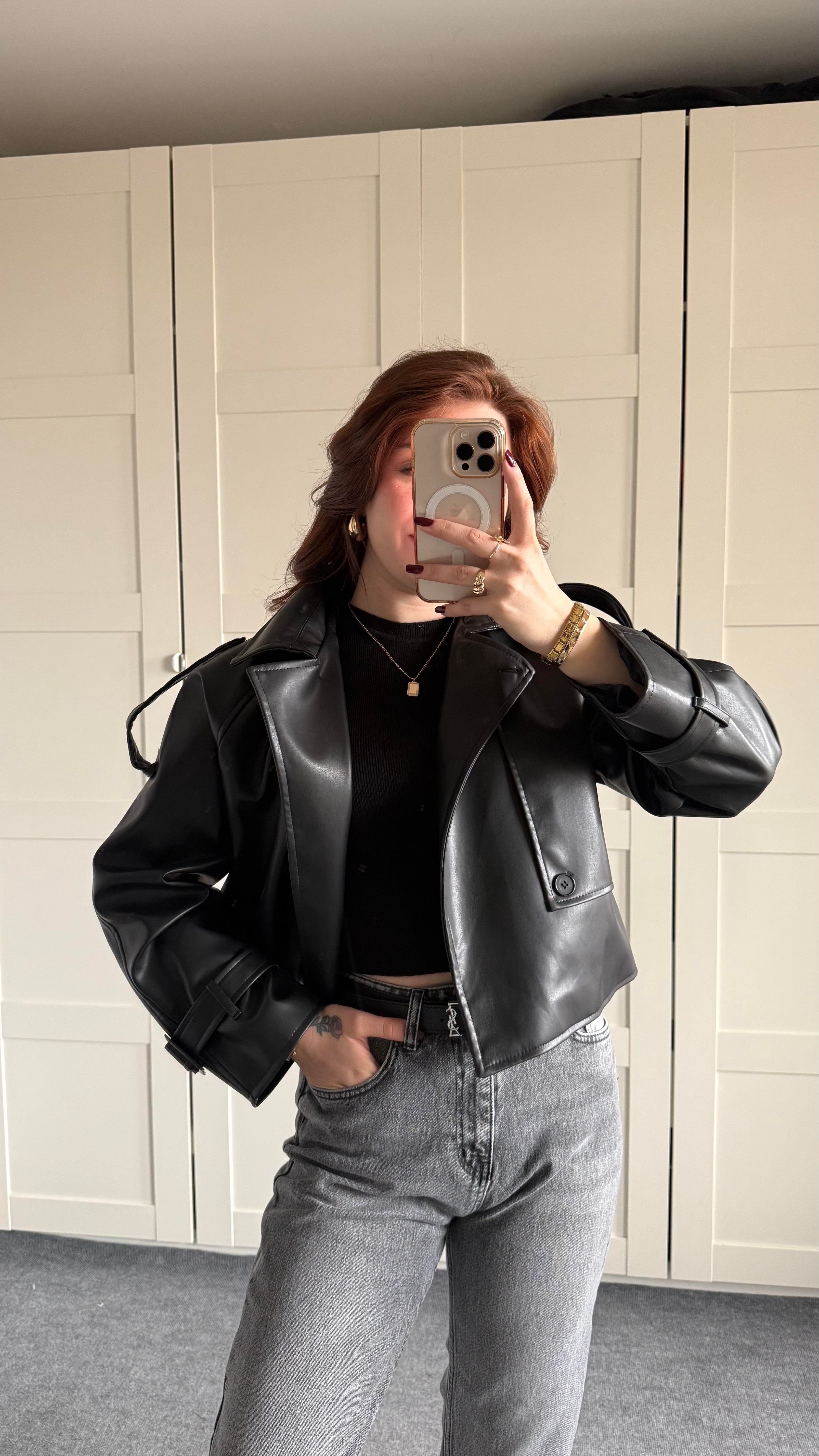 Massi Crop Biker Ceket Siyah