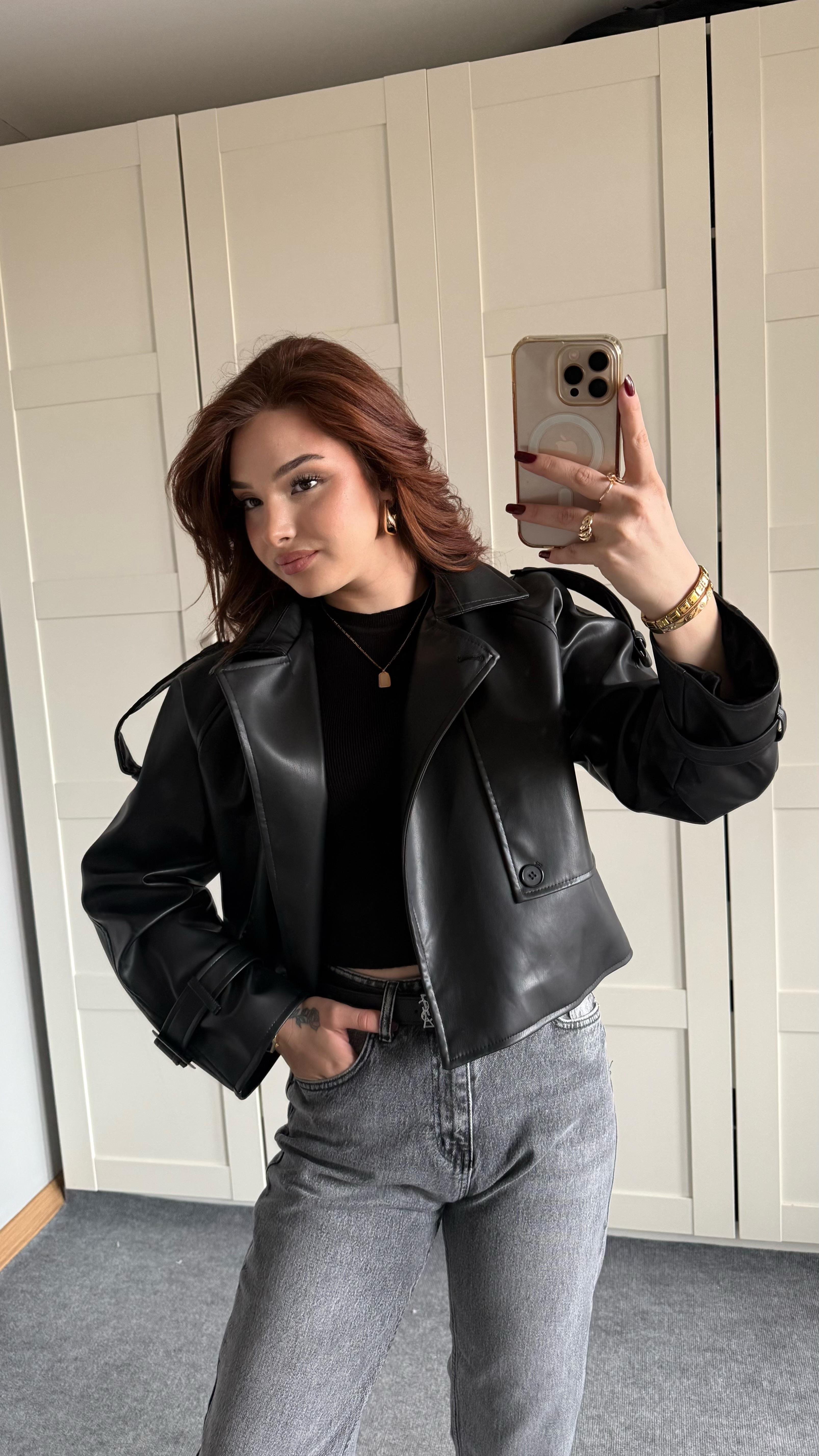Massi Crop Biker Ceket Siyah