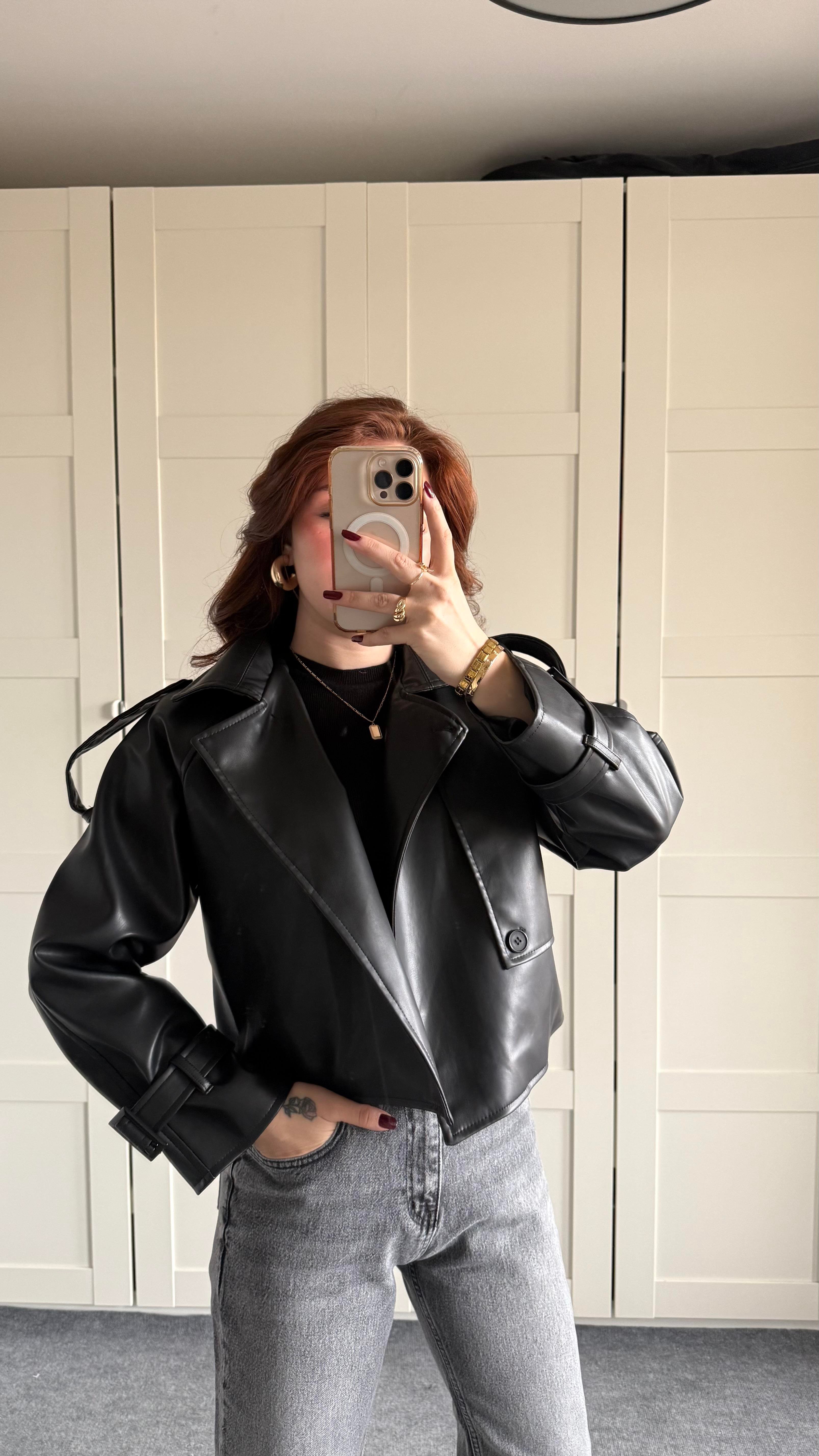 Massi Crop Biker Ceket Siyah
