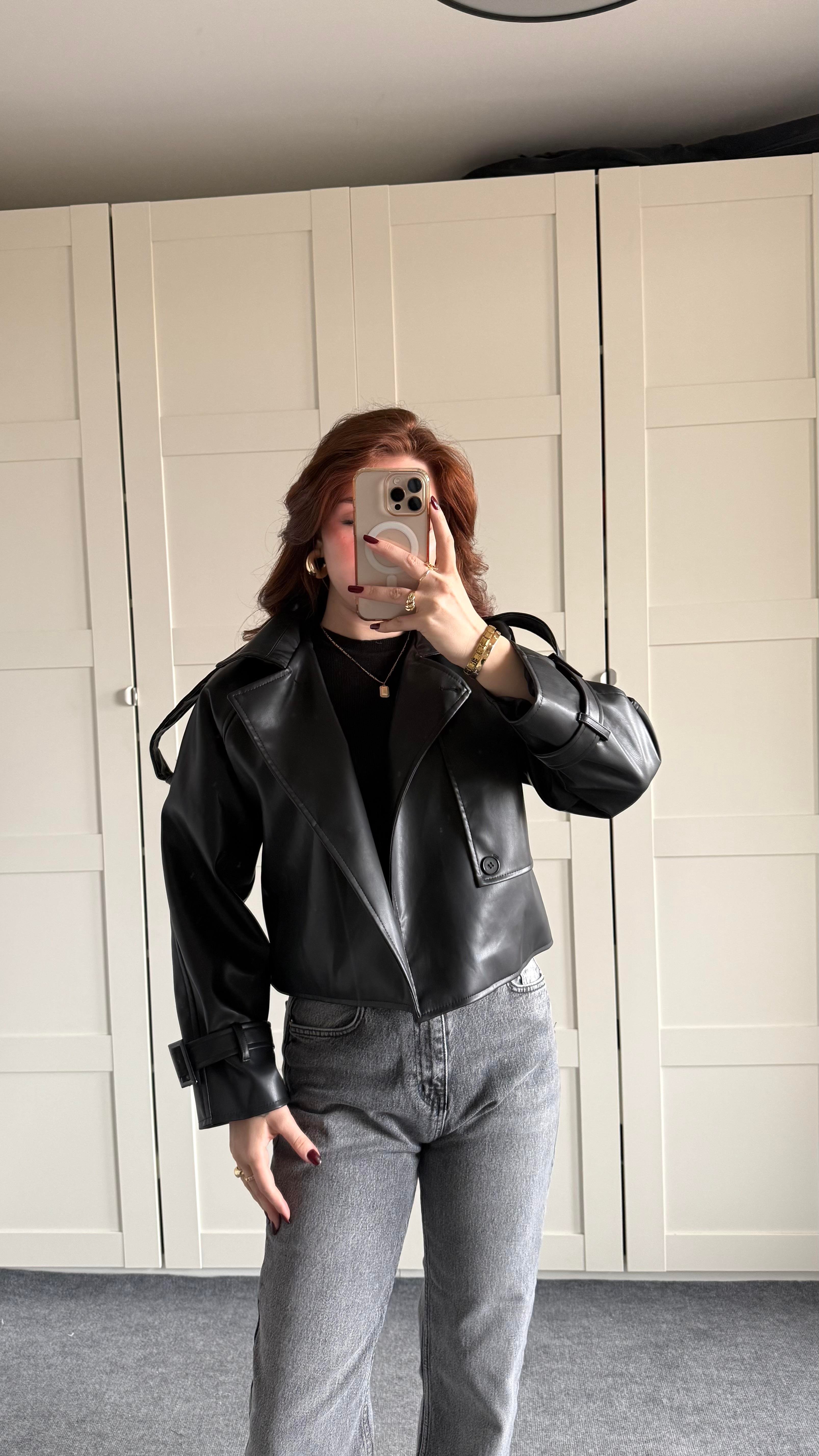 Massi Crop Biker Ceket Siyah