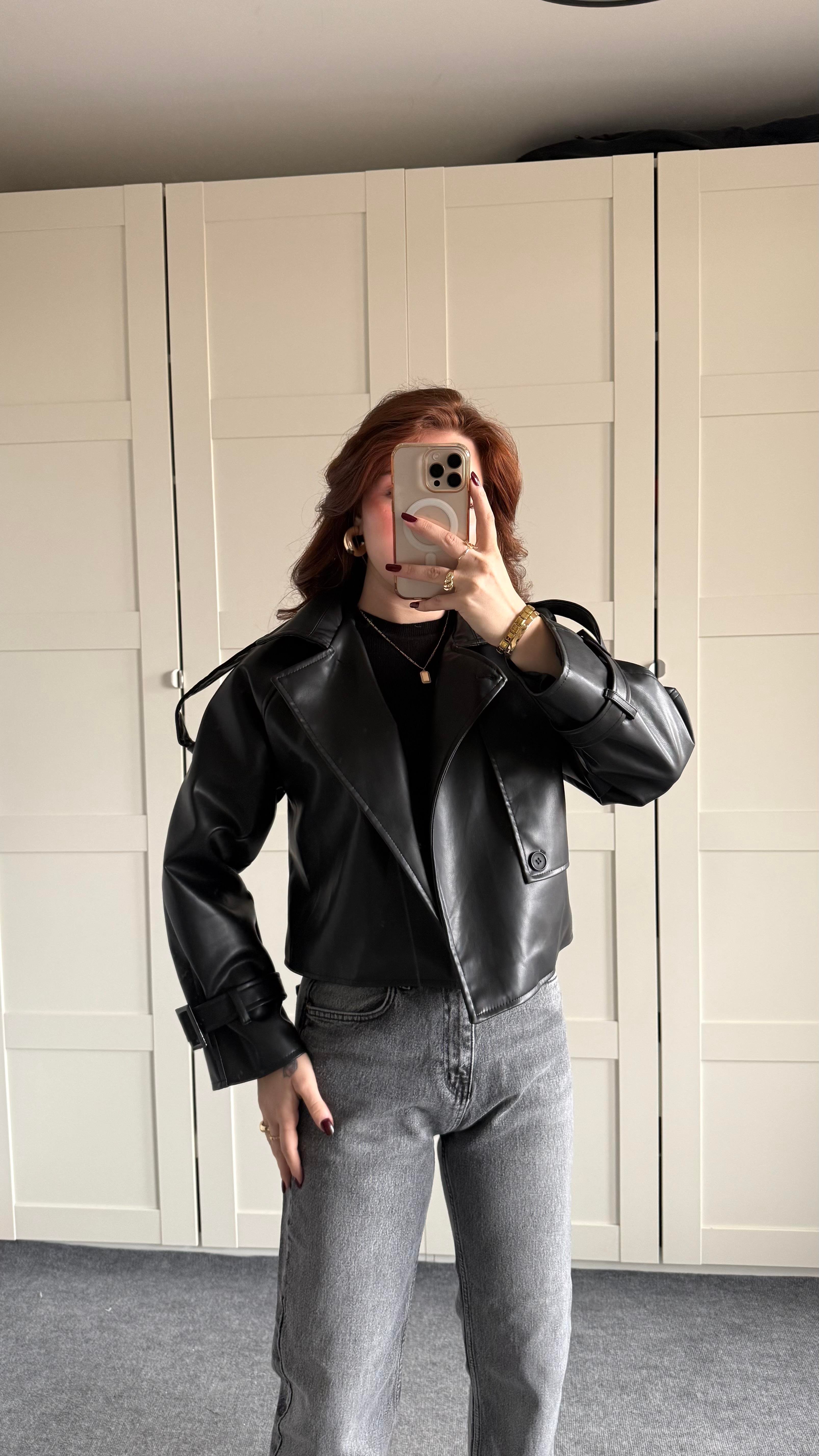 Massi Crop Biker Ceket Siyah