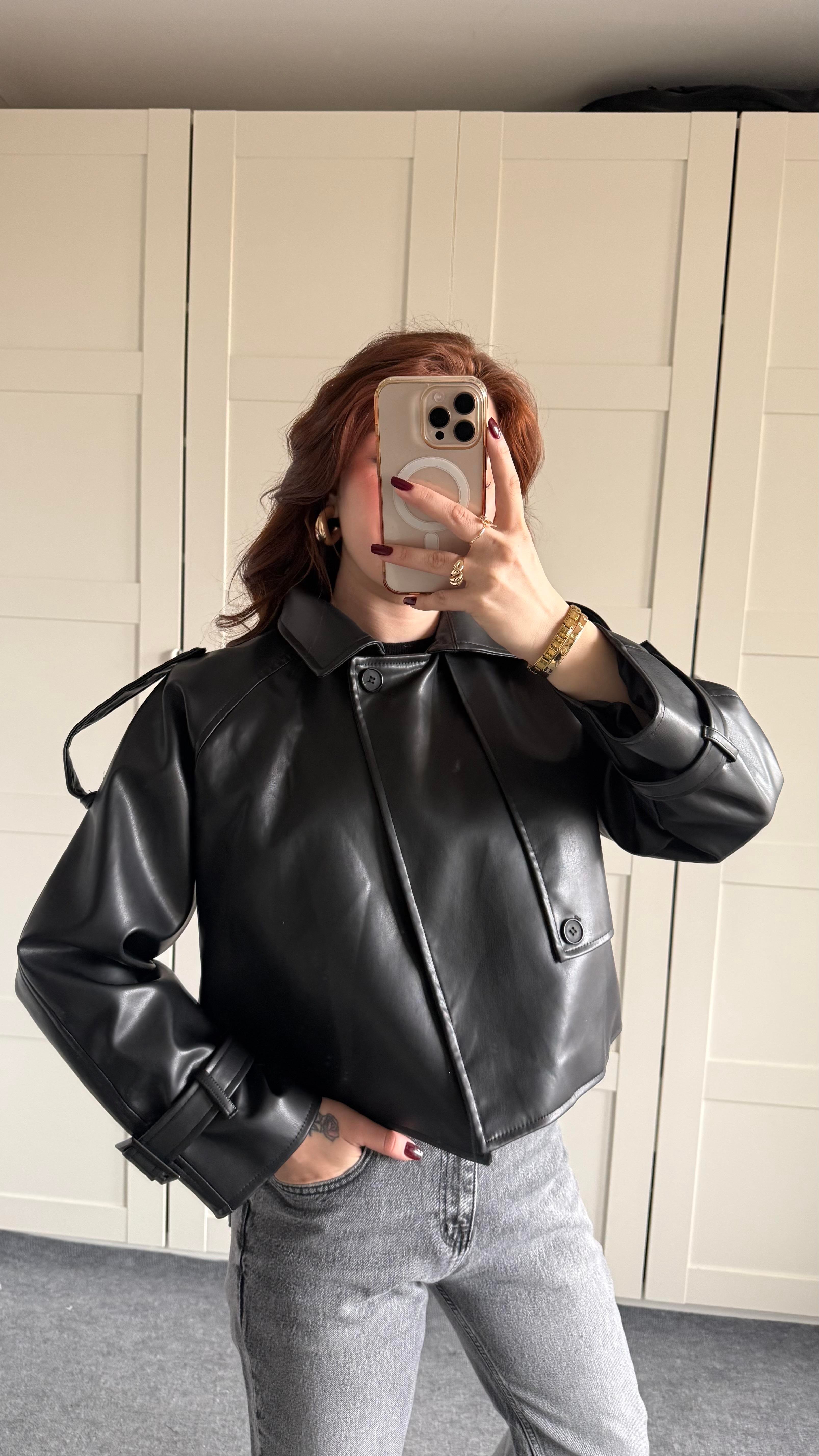 Massi Crop Biker Ceket Siyah