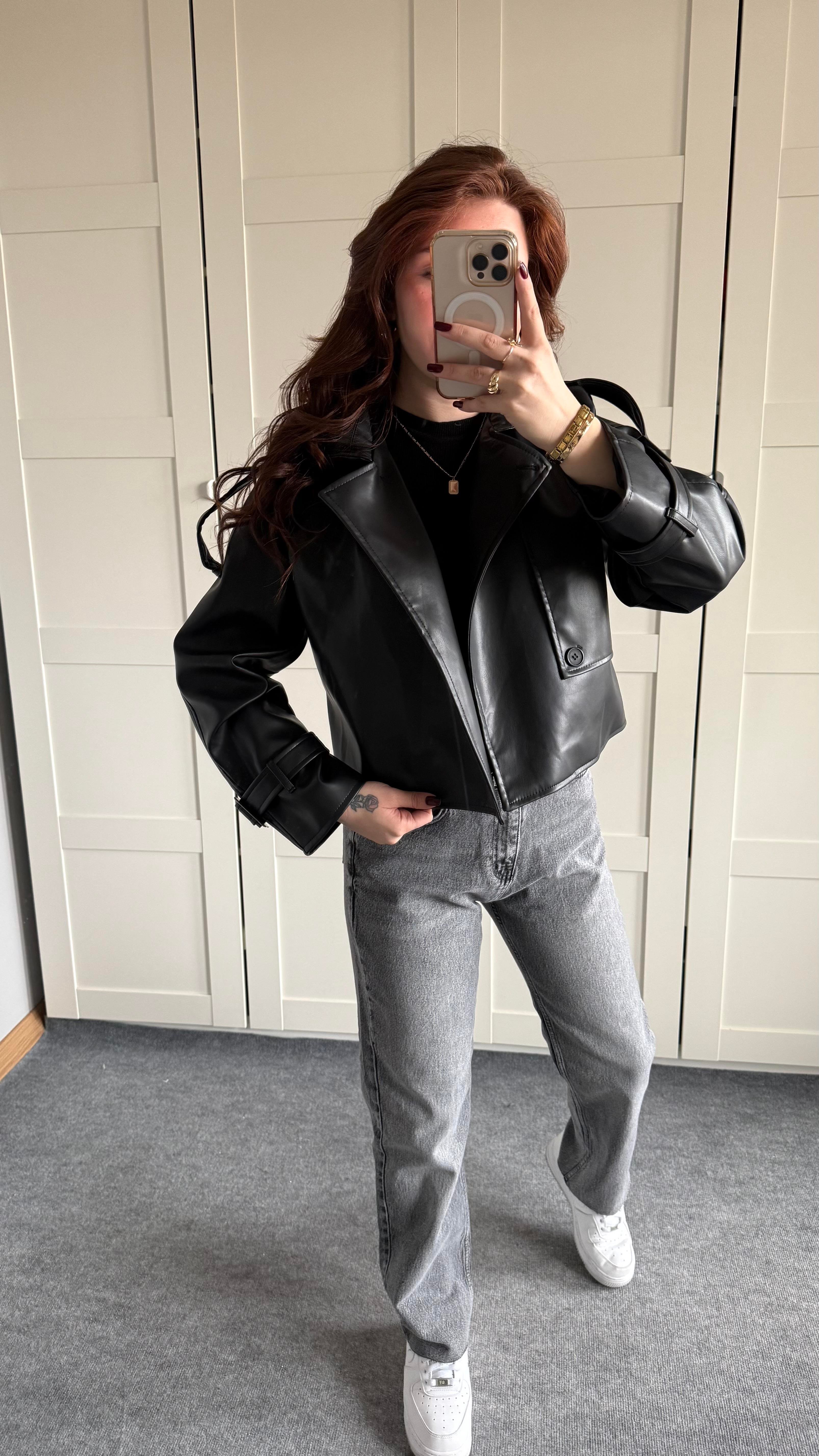 Massi Crop Biker Ceket Siyah