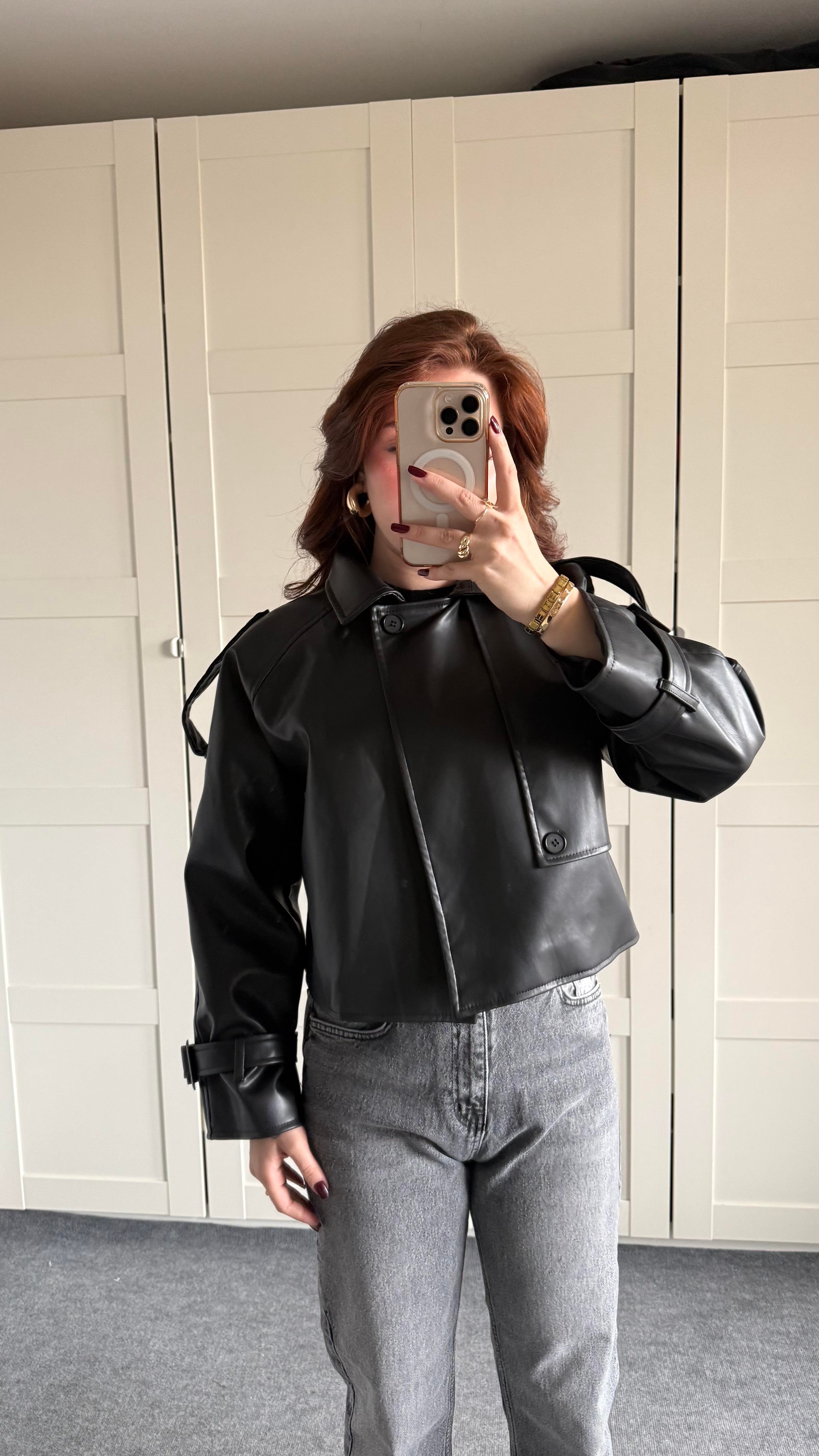 Massi Crop Biker Ceket Siyah
