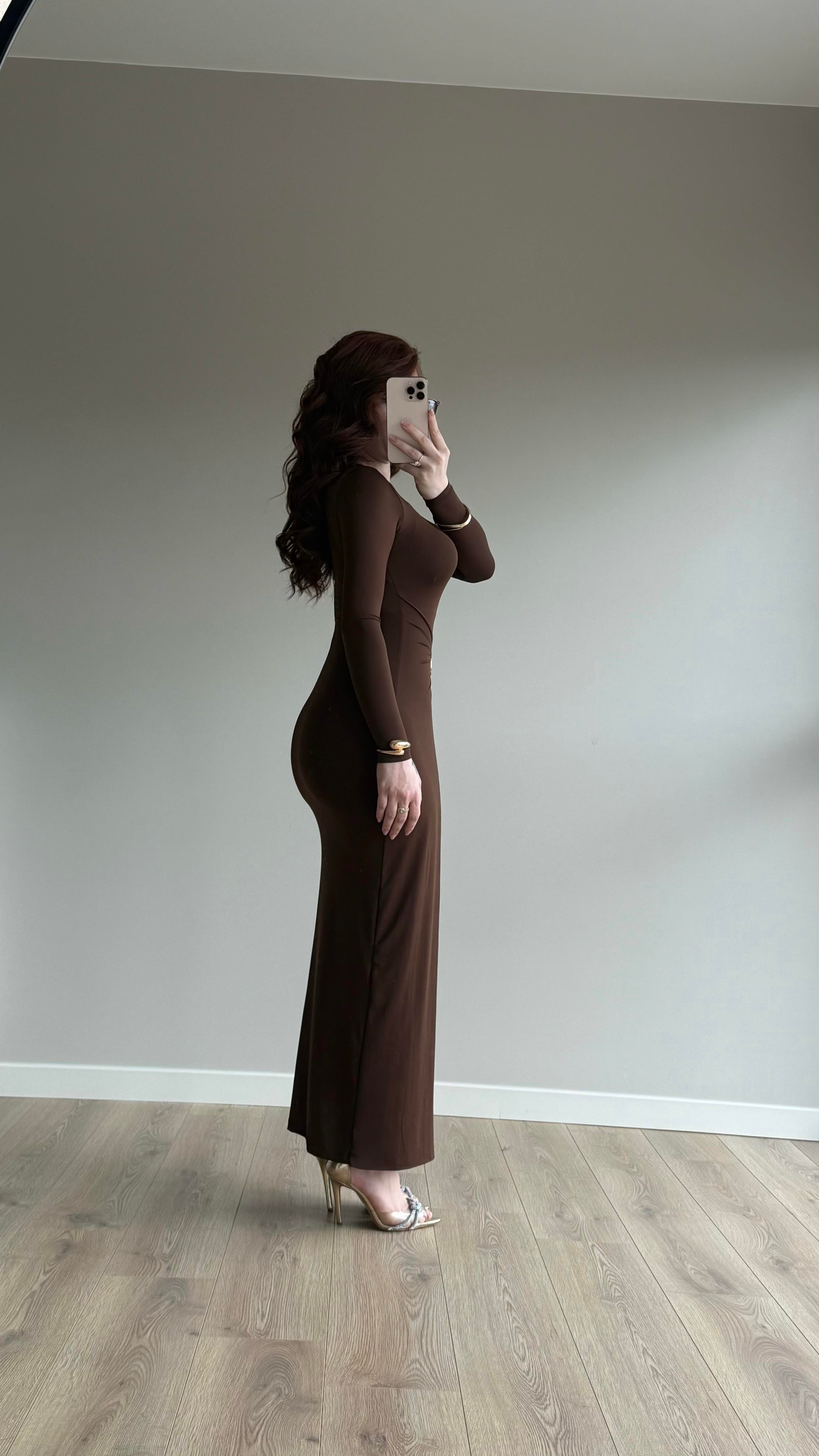 Maxi Gold Tokalı Polyamid Elbise Kahverengi