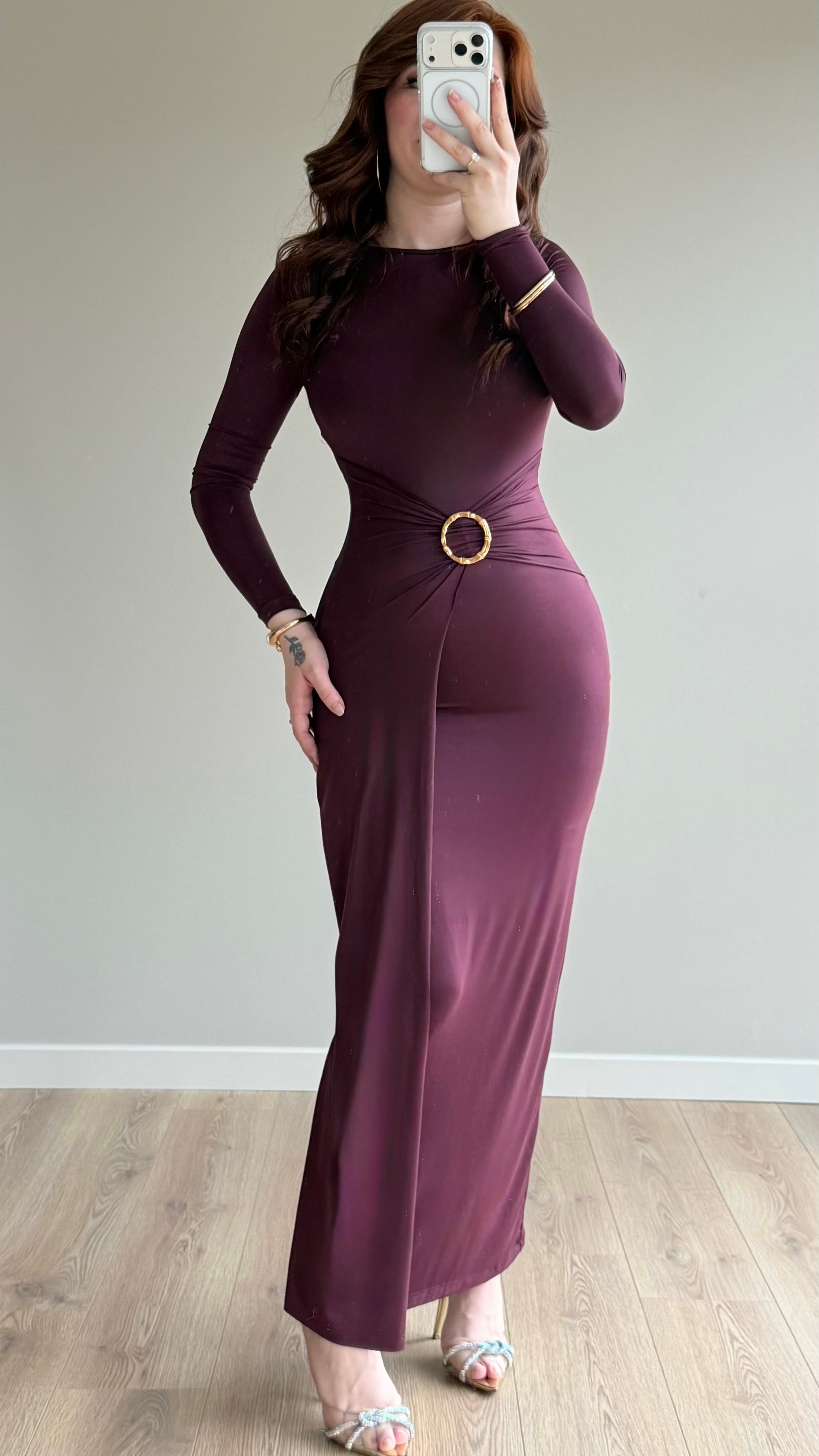Maxi Gold Tokalı Polyamid Elbise Mürdüm