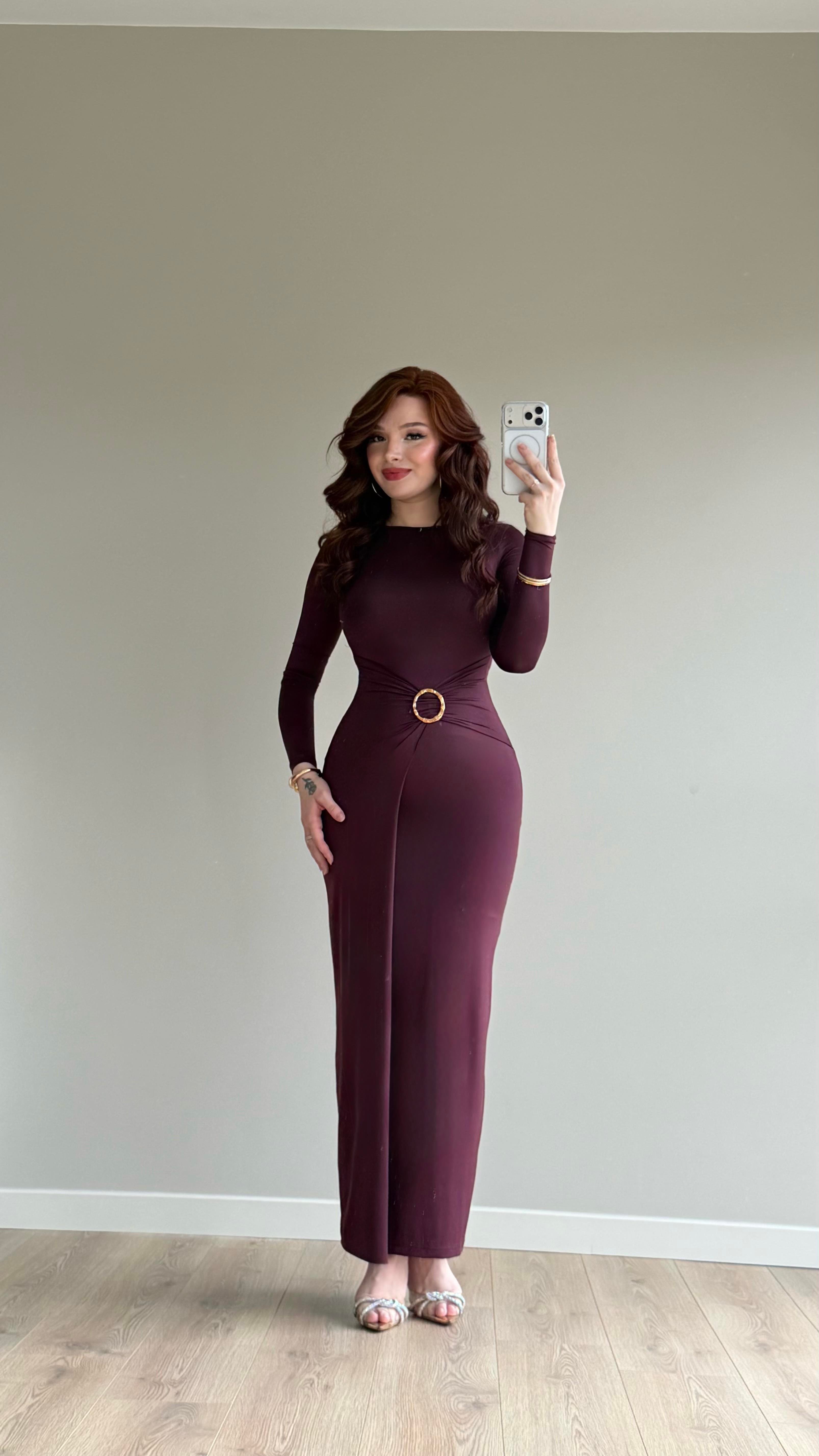 Maxi Gold Tokalı Polyamid Elbise Mürdüm