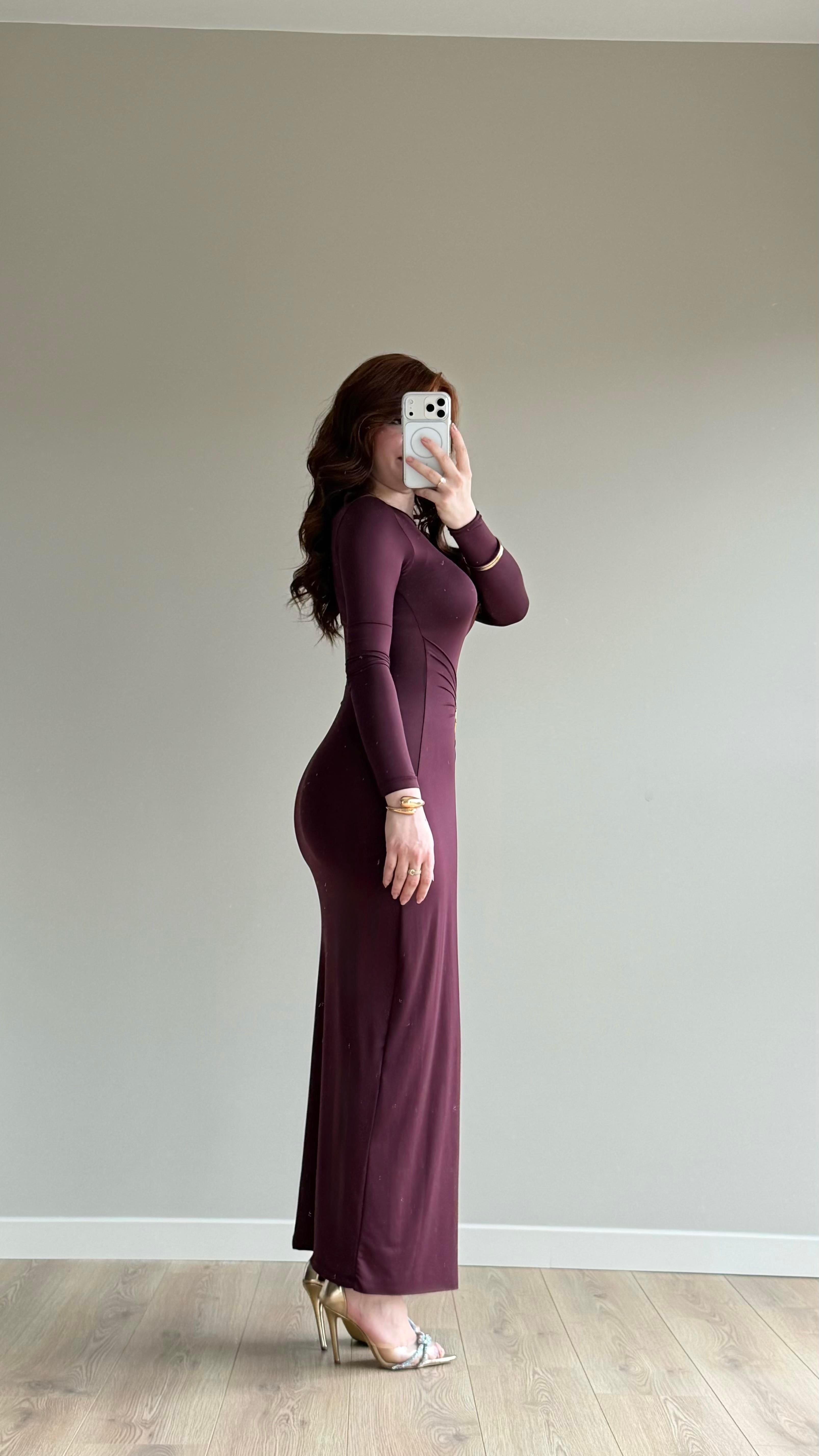 Maxi Gold Tokalı Polyamid Elbise Mürdüm