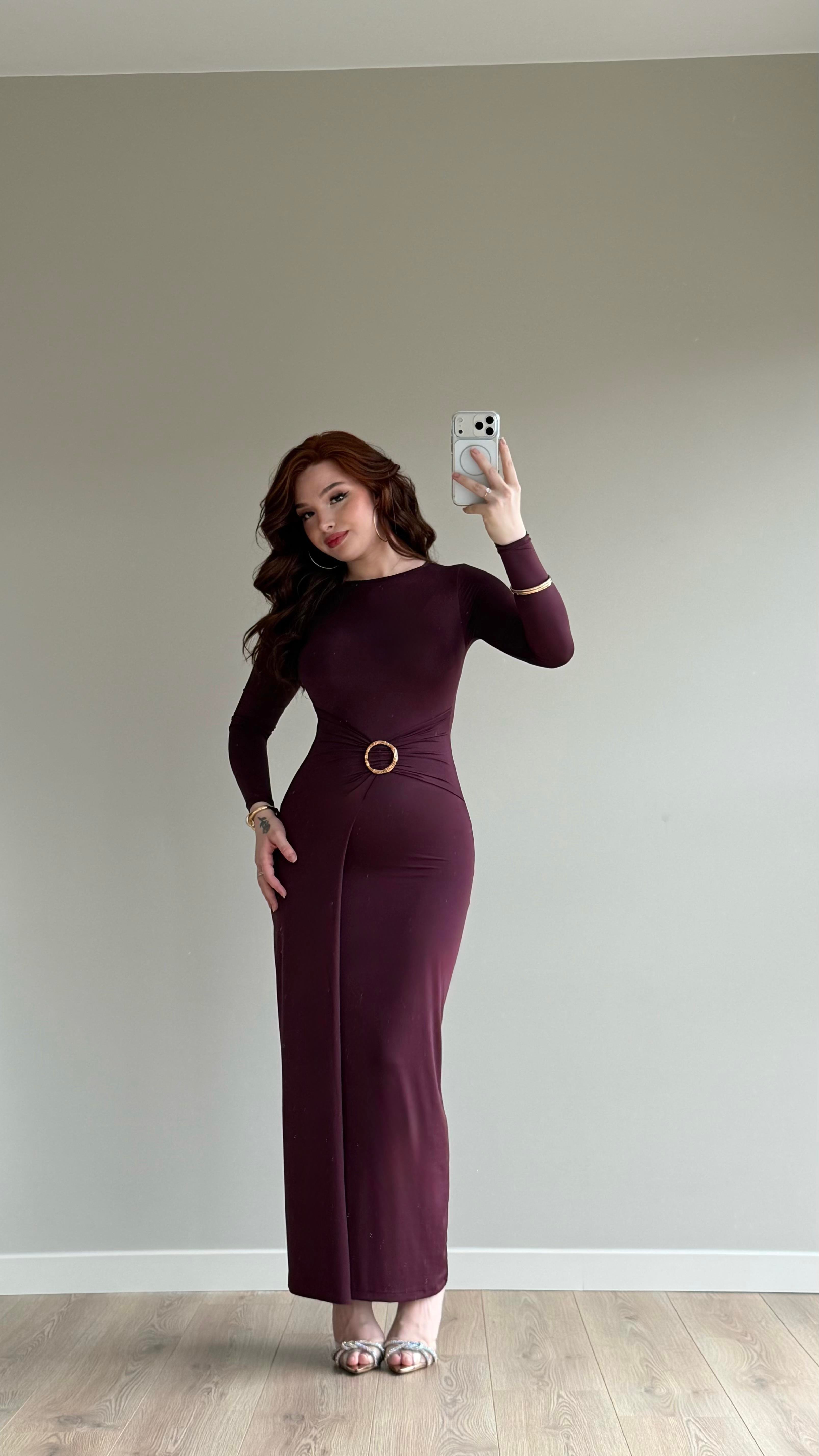 Maxi Gold Tokalı Polyamid Elbise Mürdüm