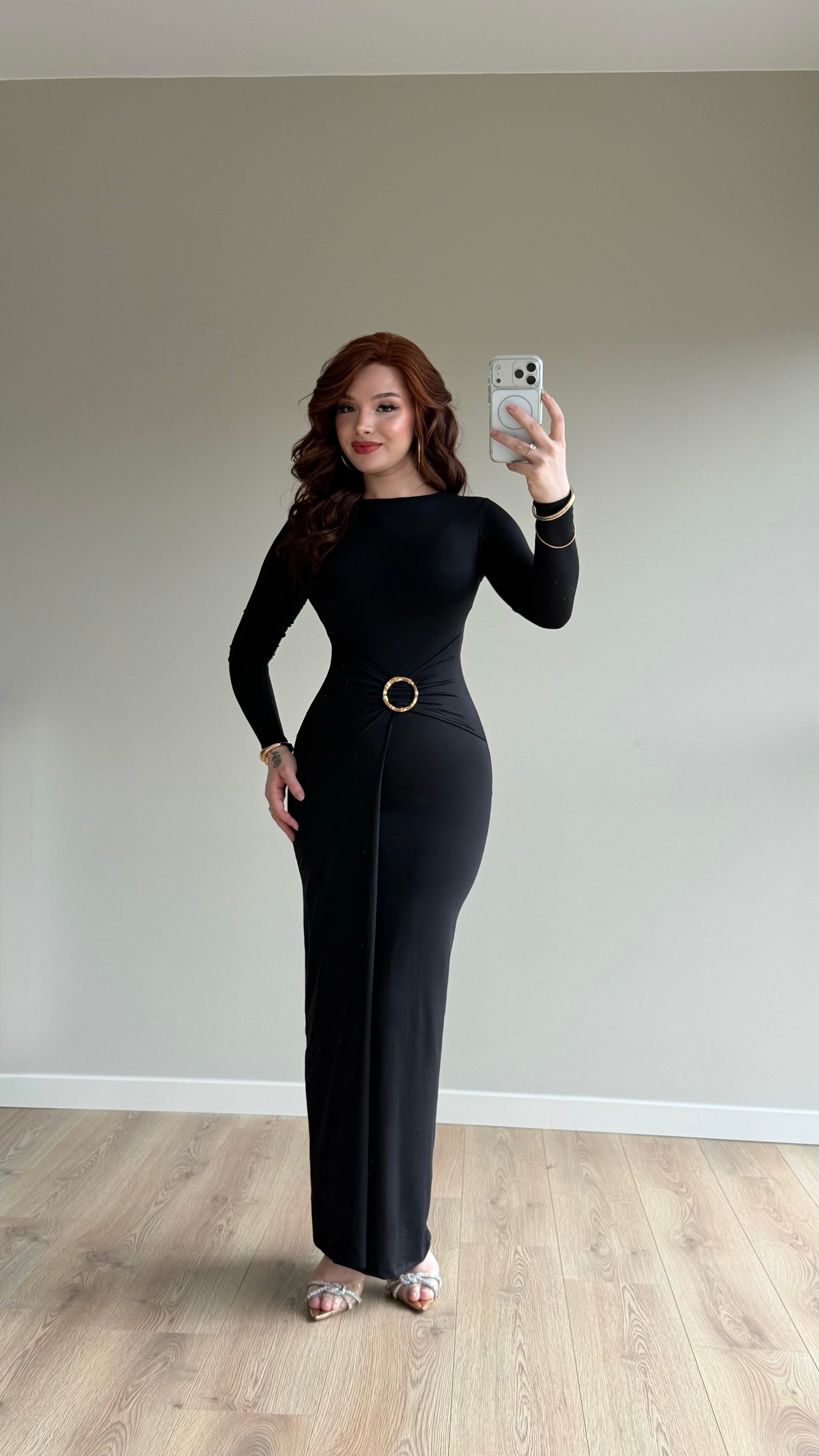 Maxi Gold Tokalı Polyamid Elbise Siyah