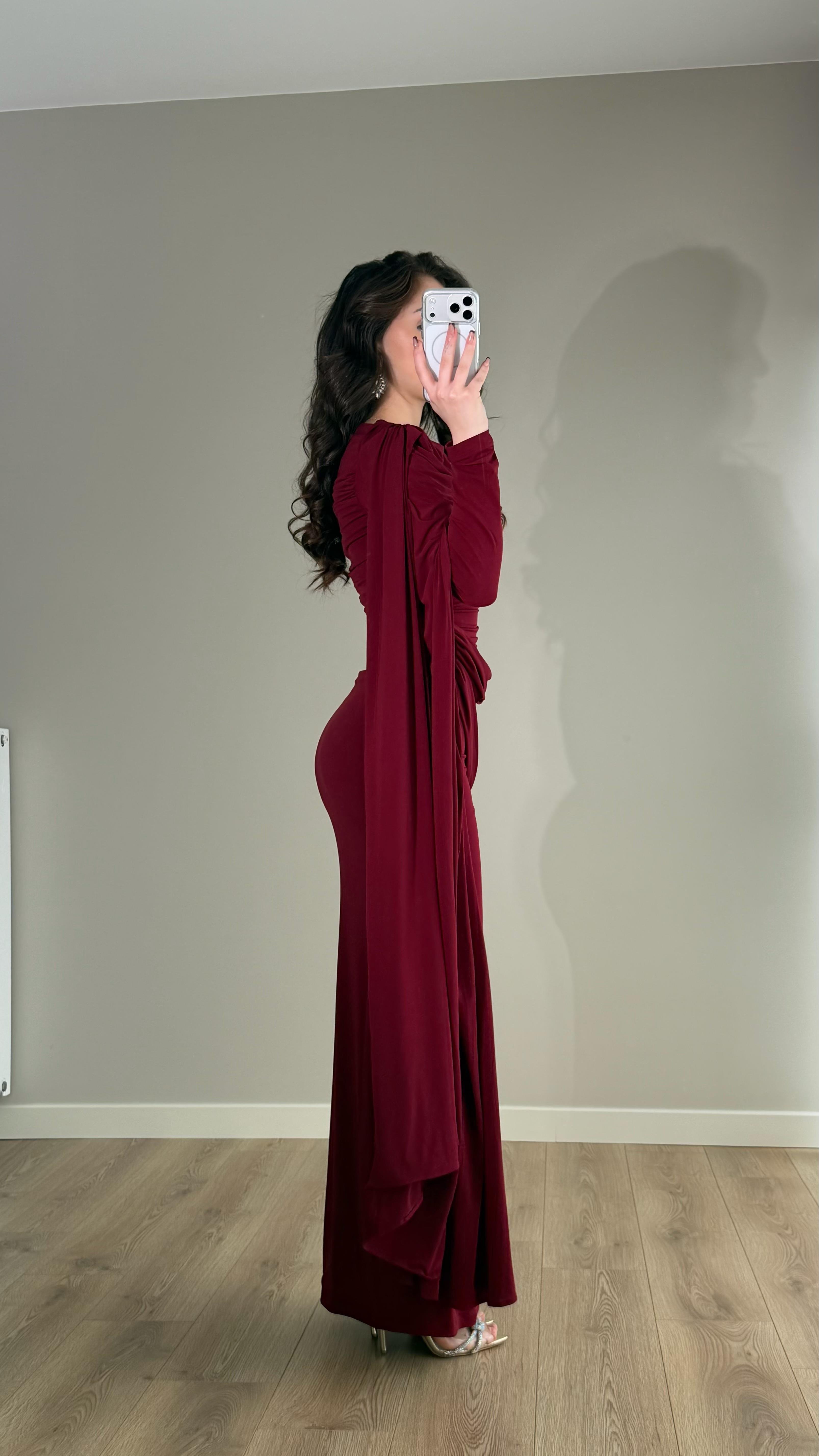 Melisandre Omuz Kuşaklı Elbise Bordo