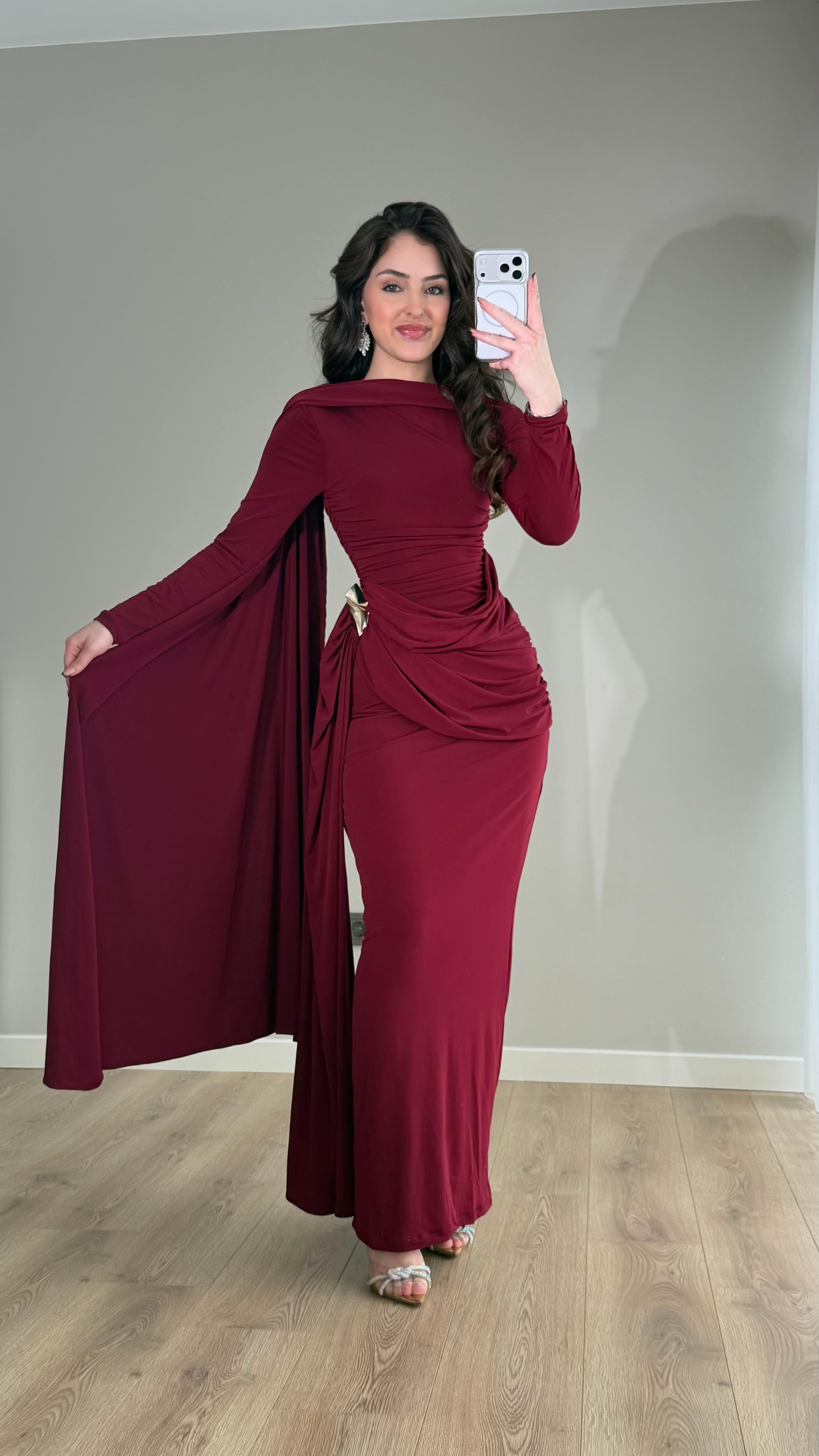 Melisandre Omuz Kuşaklı Elbise Bordo