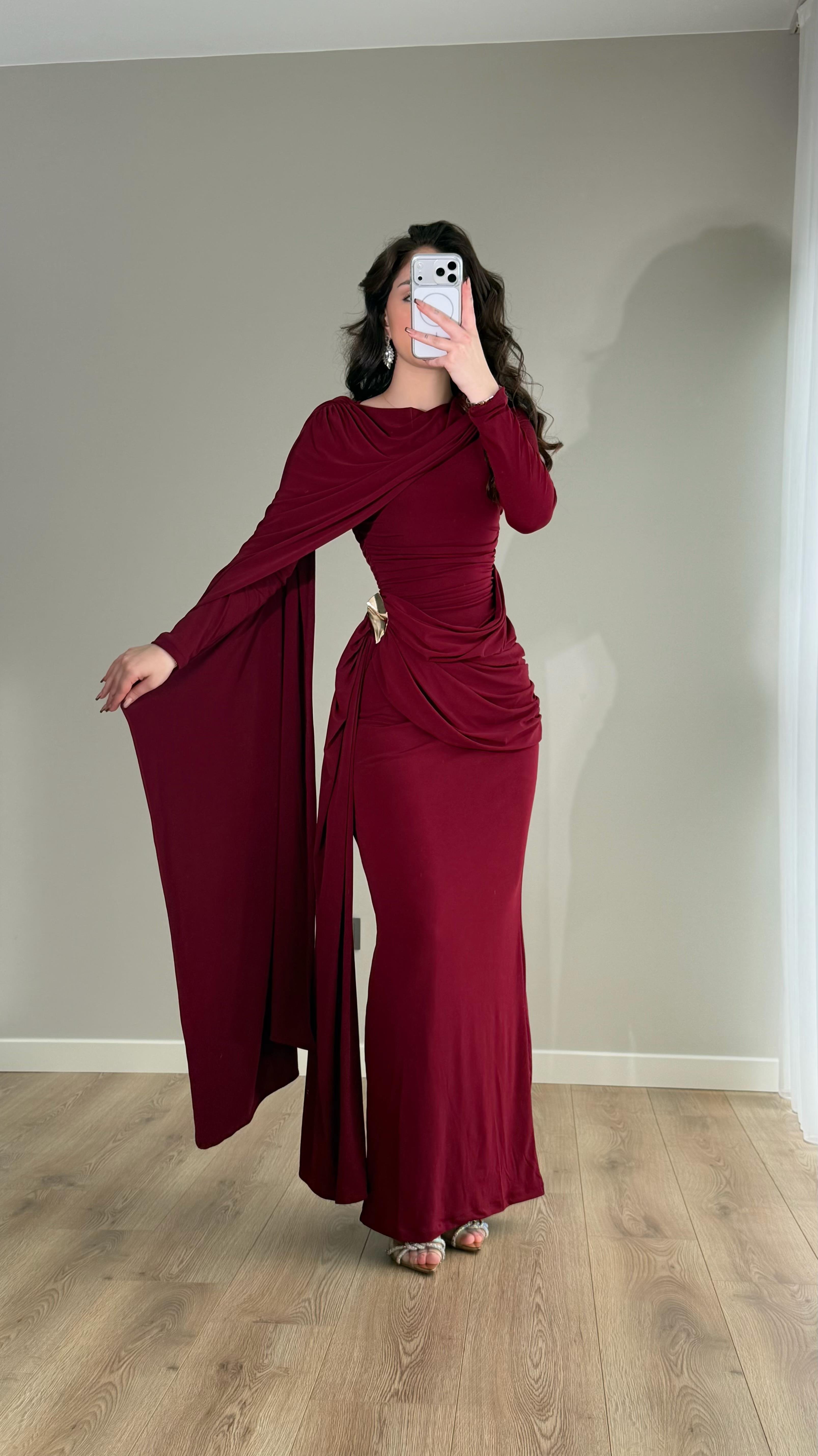 Melisandre Omuz Kuşaklı Elbise Bordo
