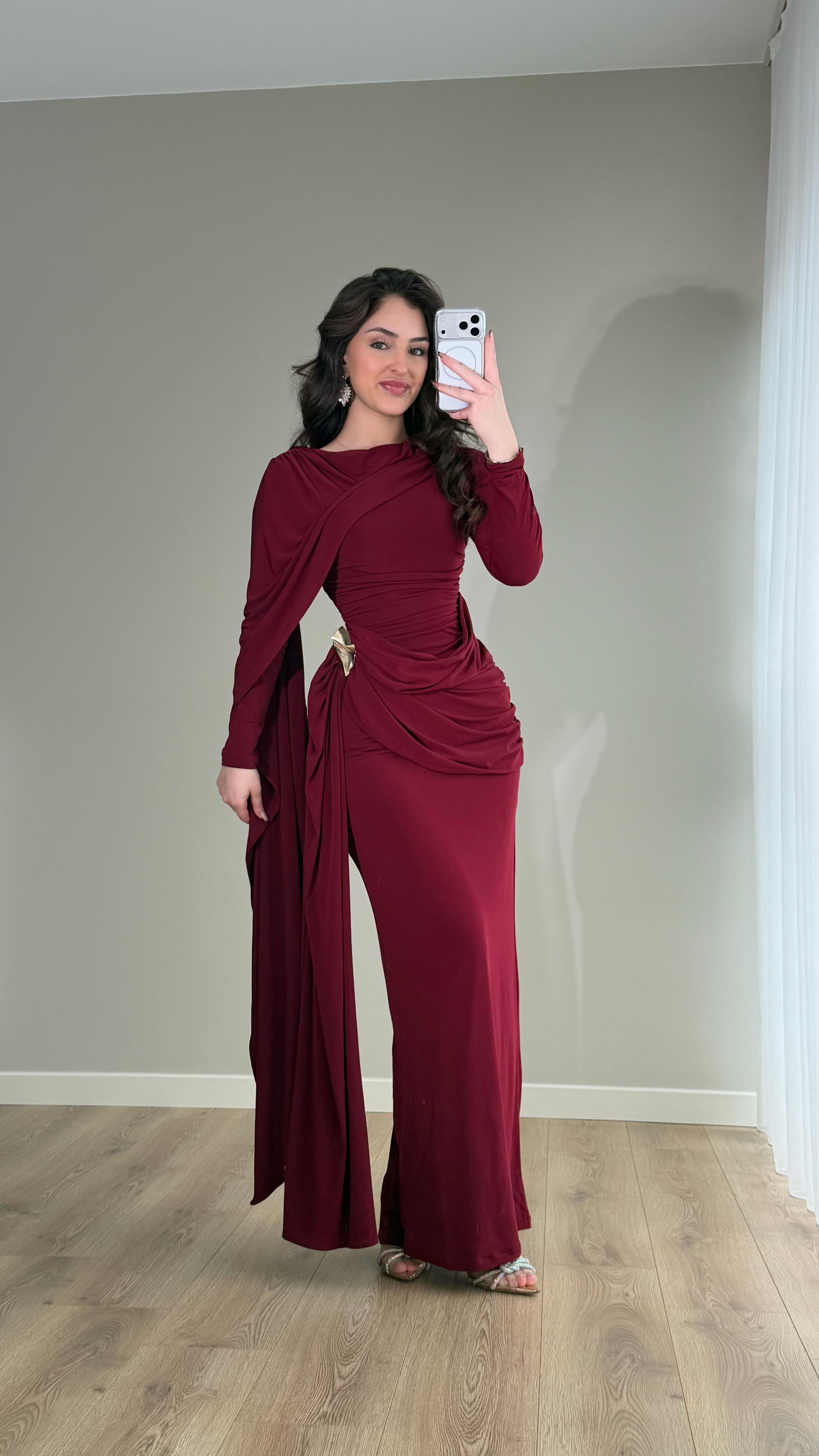 Melisandre Omuz Kuşaklı Elbise Bordo