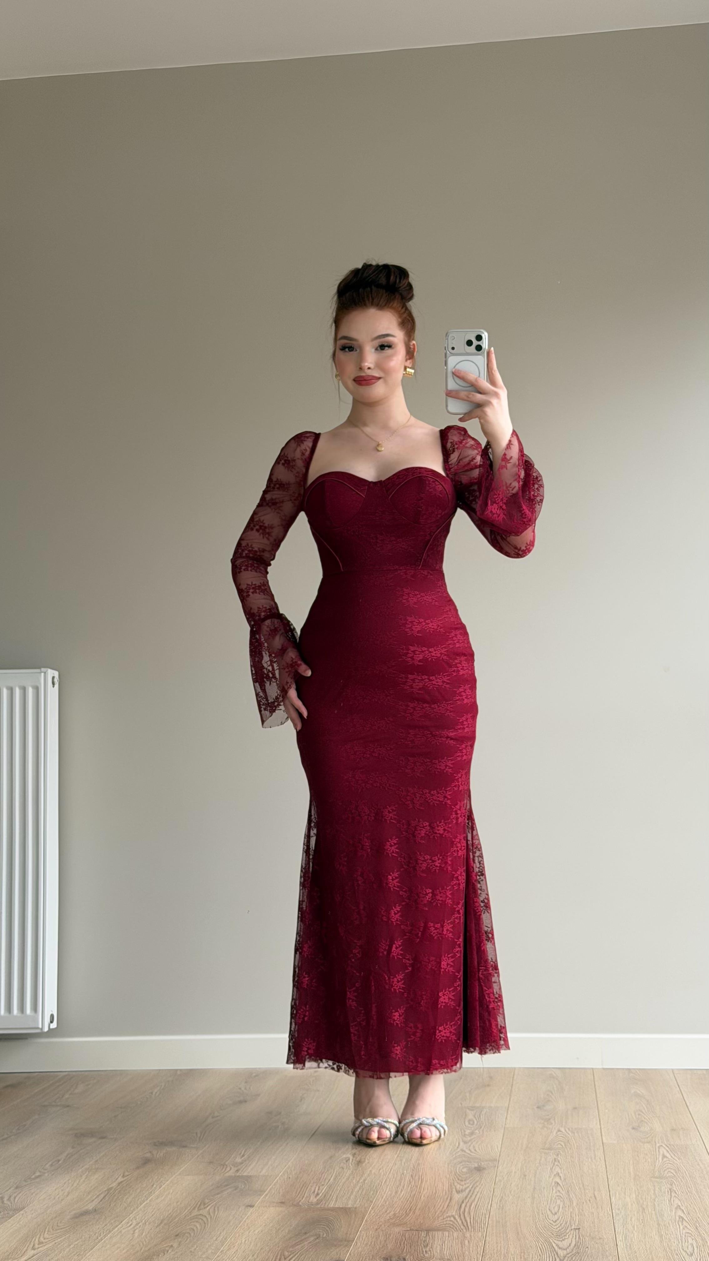 Melza Gloplu Elbise Bordo