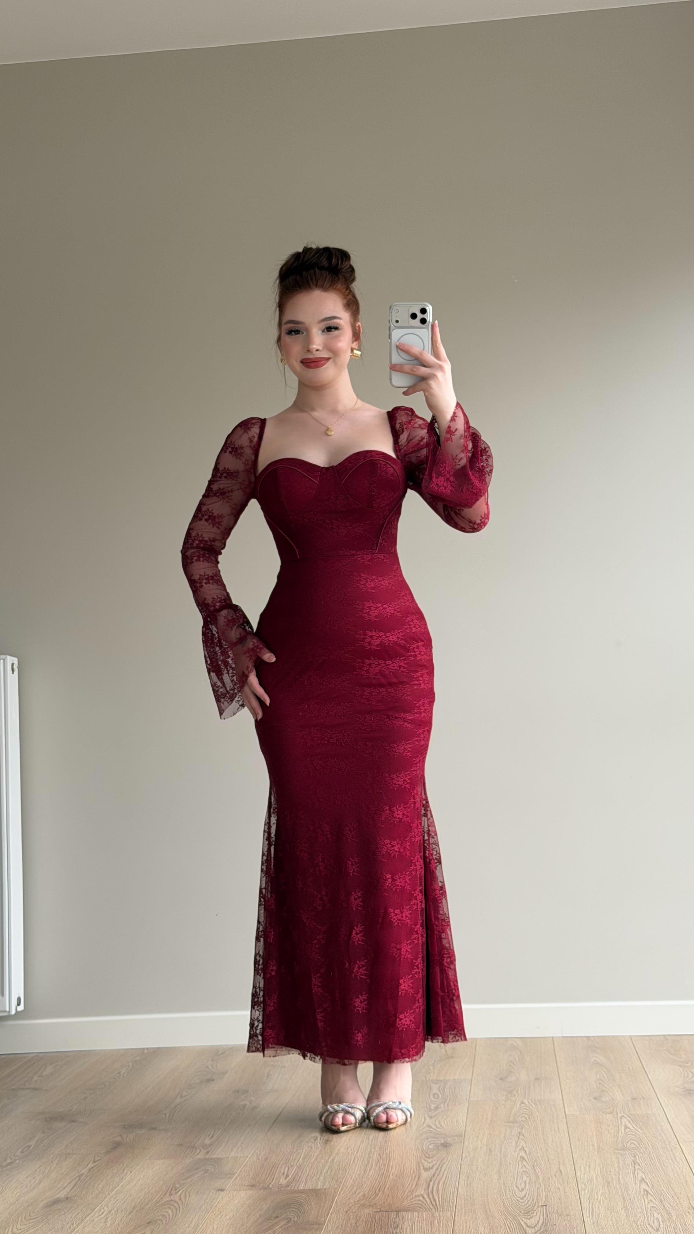 Melza Gloplu Elbise Bordo