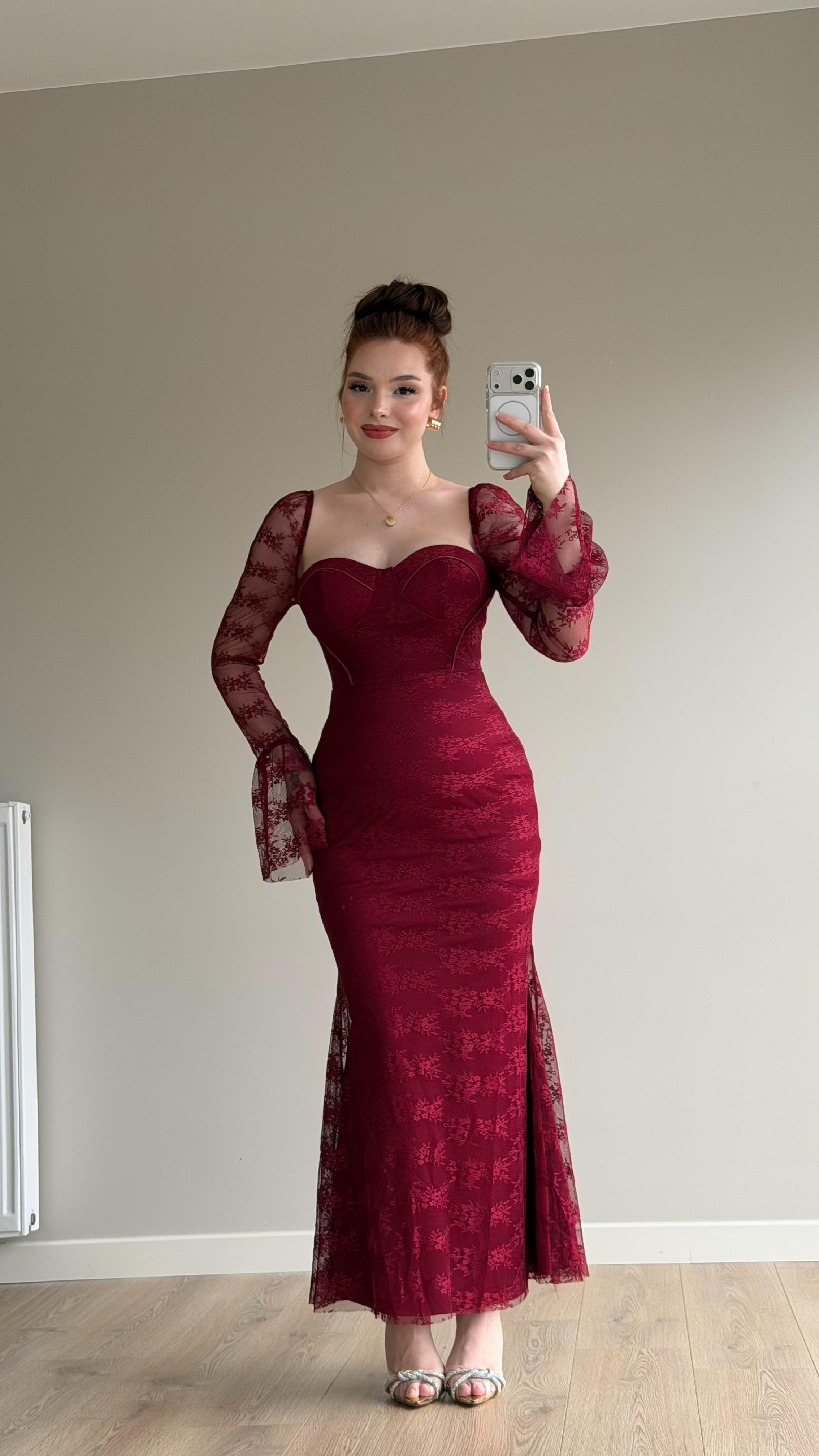 Melza Gloplu Elbise Bordo