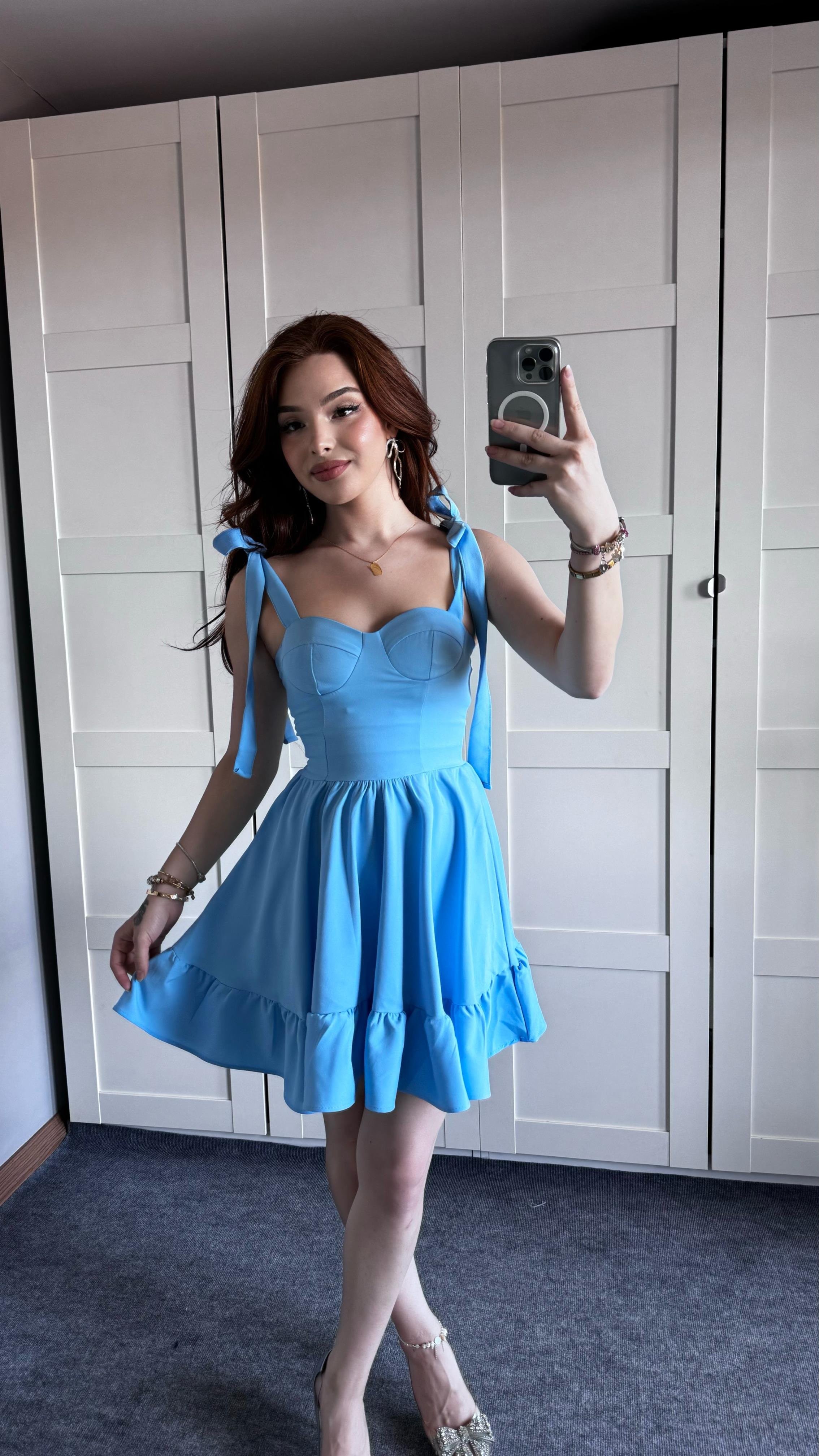 Meri Bebe Mavisi Omuz Bağlamalı Mini Elbise