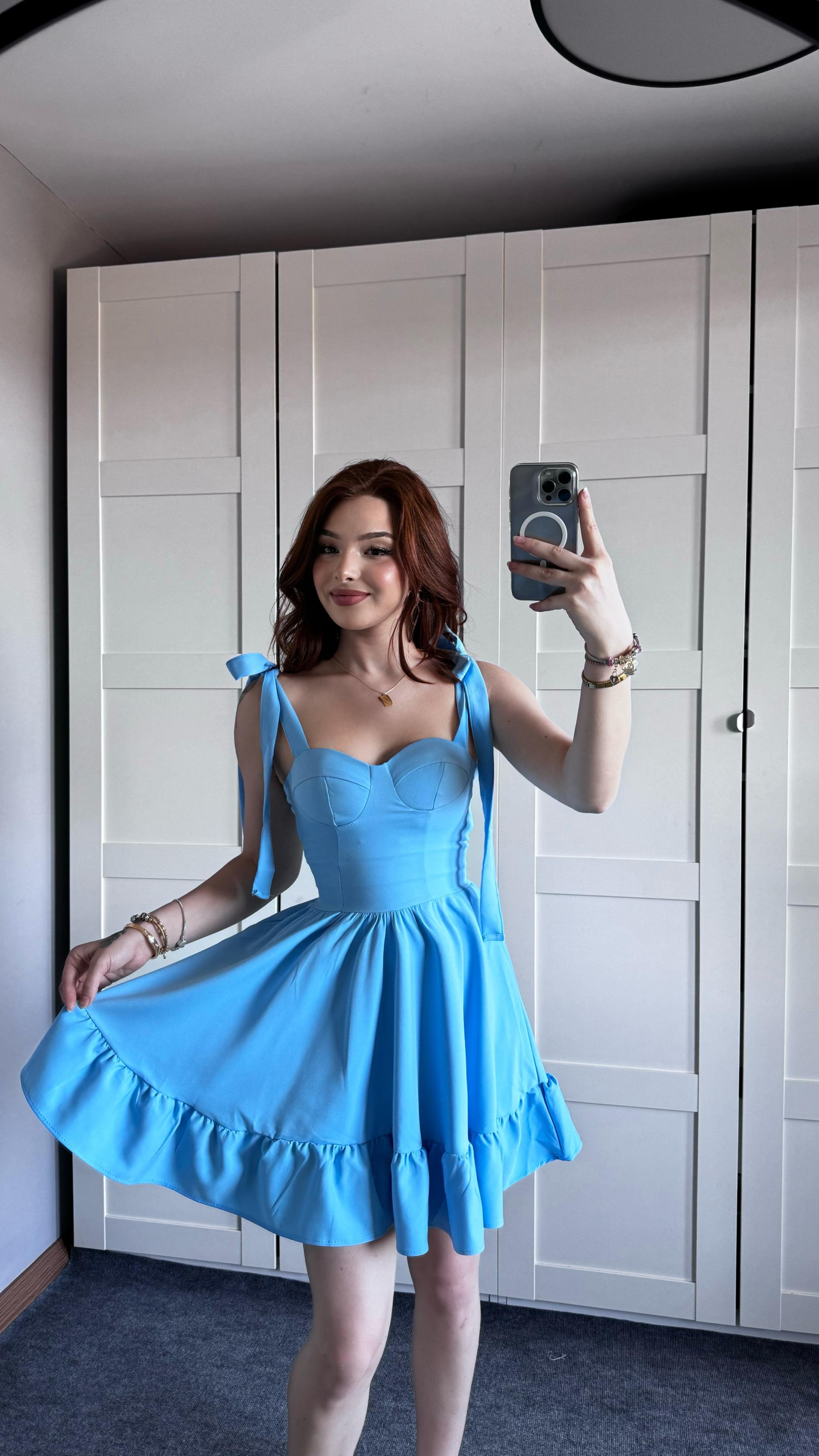 Meri Bebe Mavisi Omuz Bağlamalı Mini Elbise
