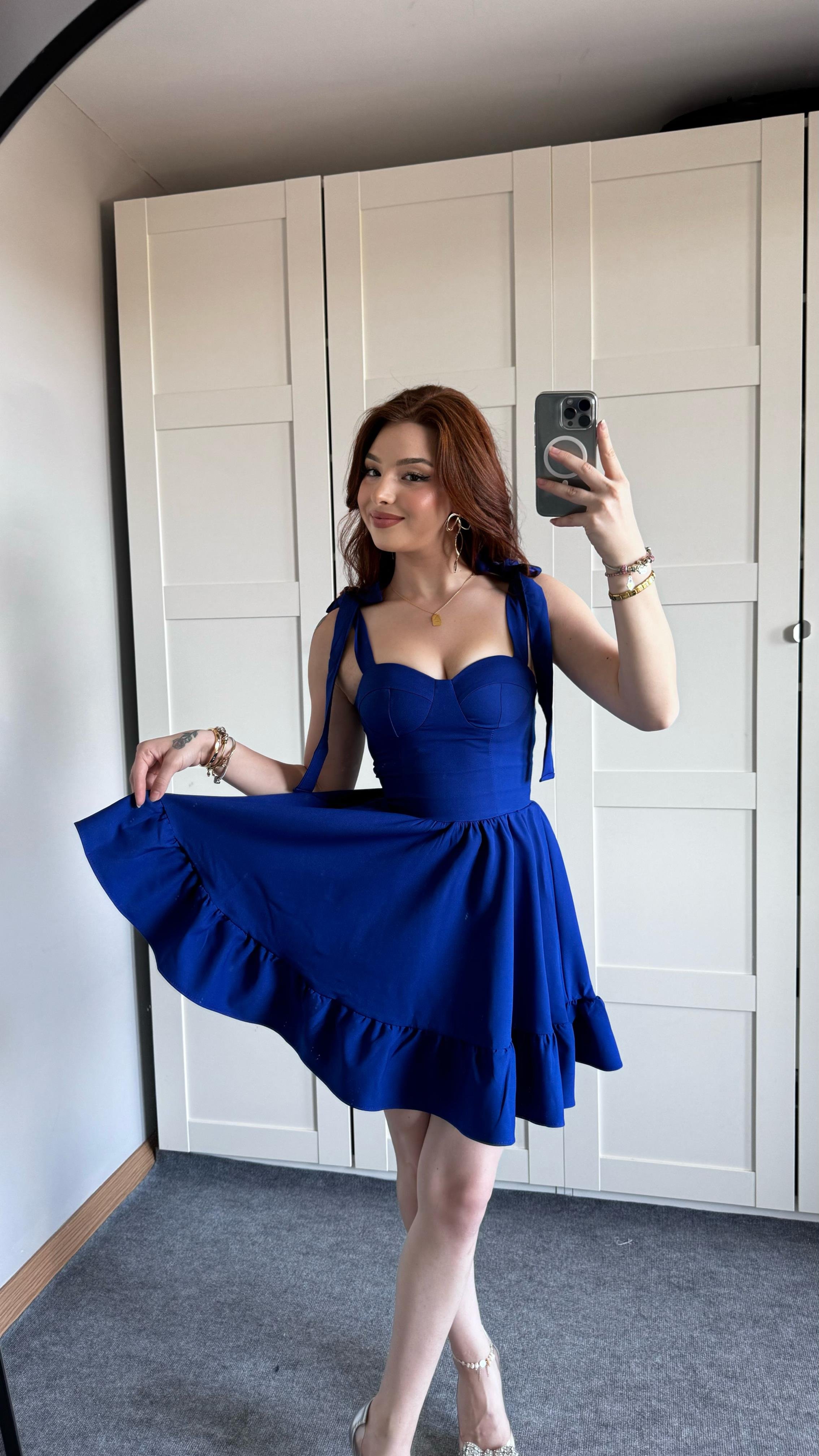 Meri Lacivert Omuz Bağlamalı Mini Elbise