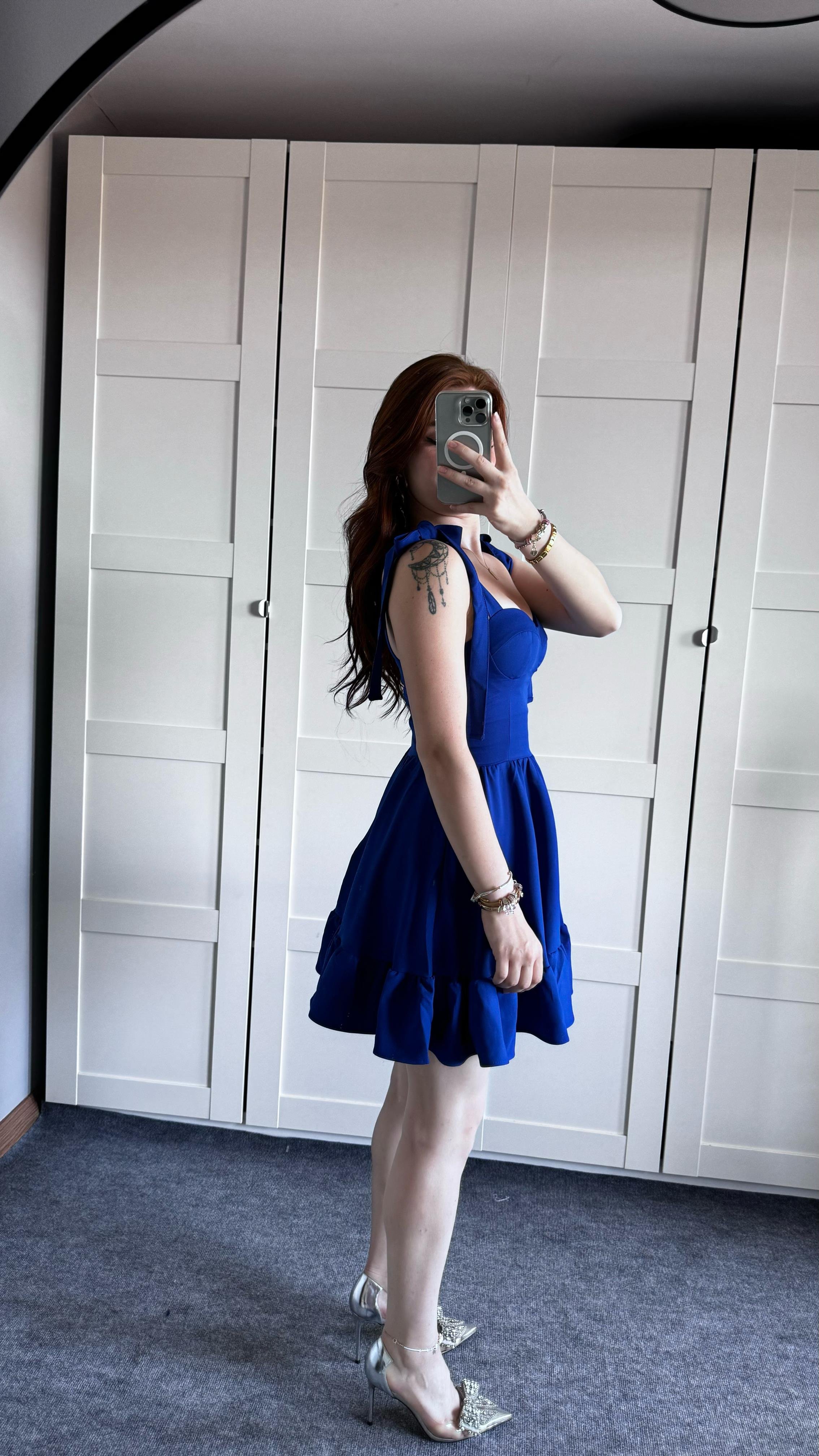 Meri Lacivert Omuz Bağlamalı Mini Elbise