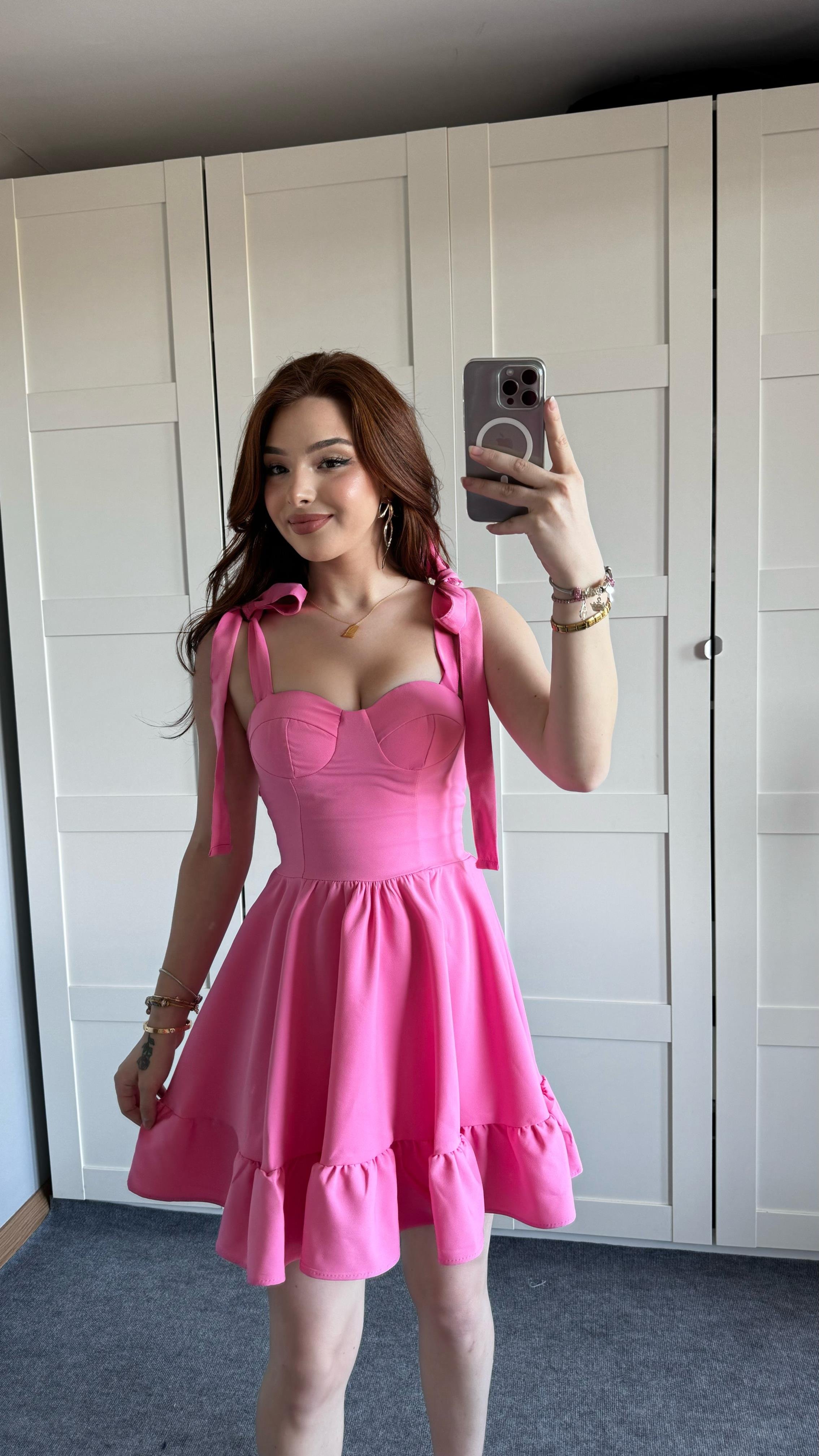 Meri Pembe Omuz Bağlamalı Mini Elbise