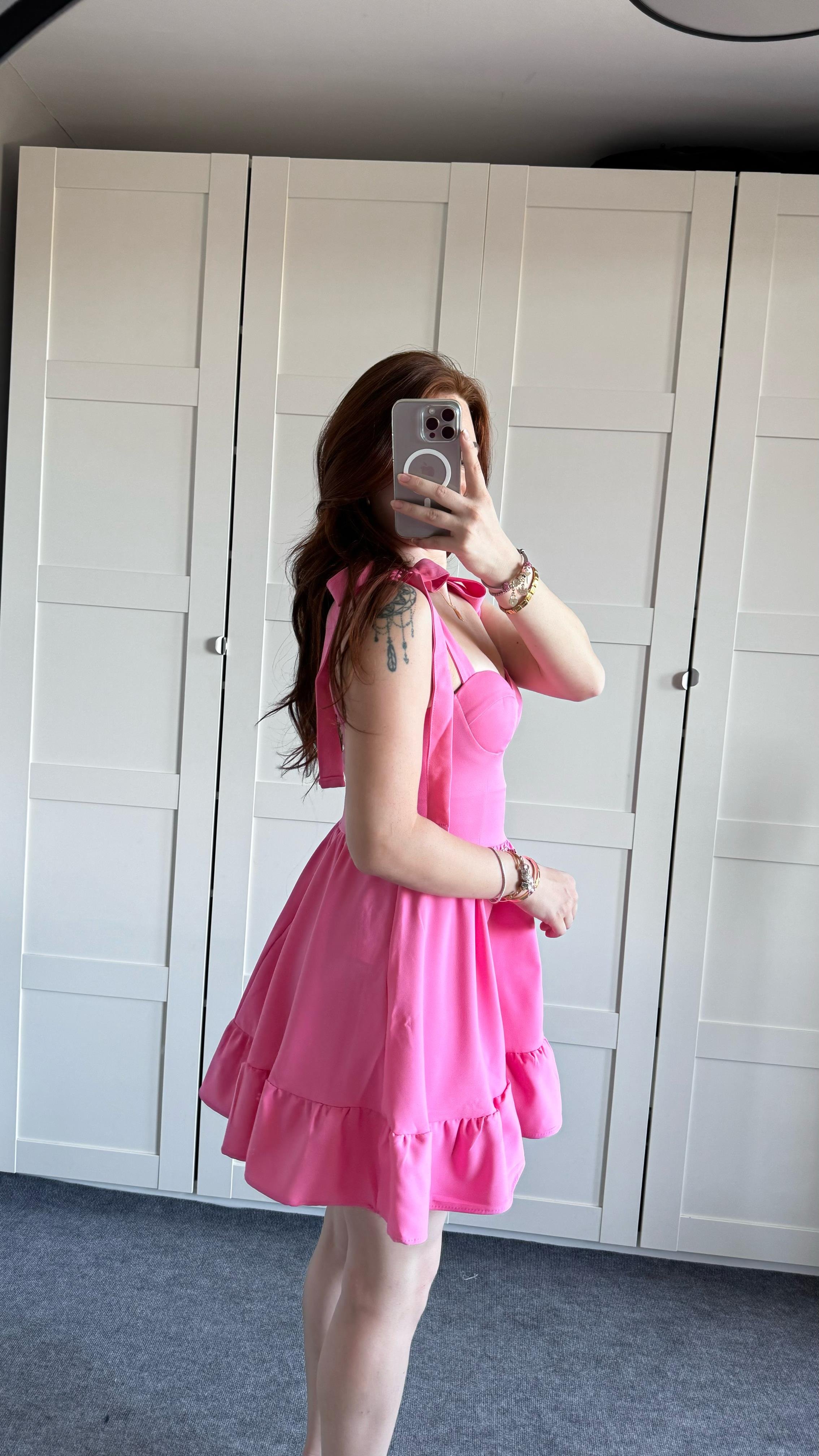 Meri Pembe Omuz Bağlamalı Mini Elbise