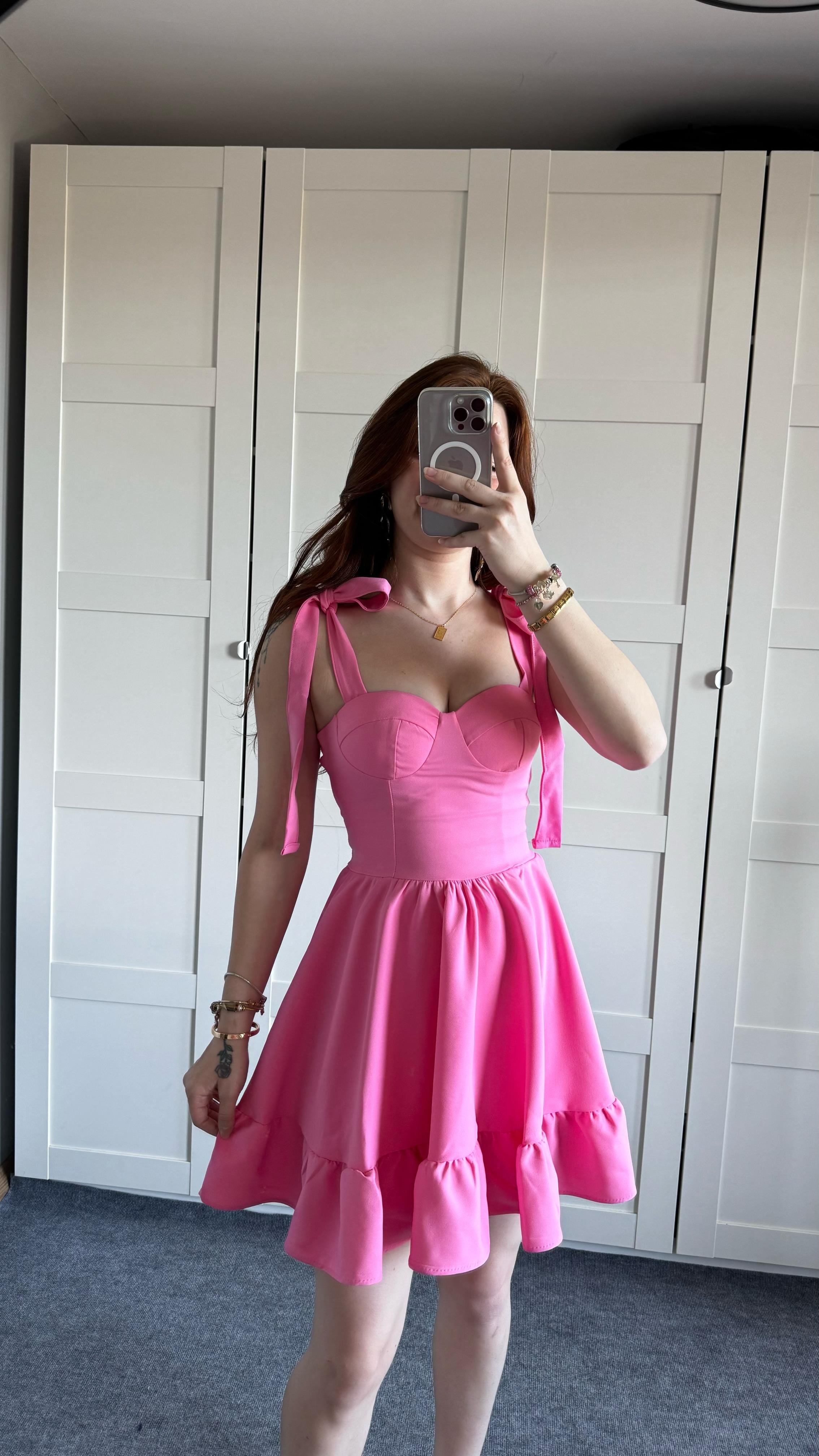 Meri Pembe Omuz Bağlamalı Mini Elbise