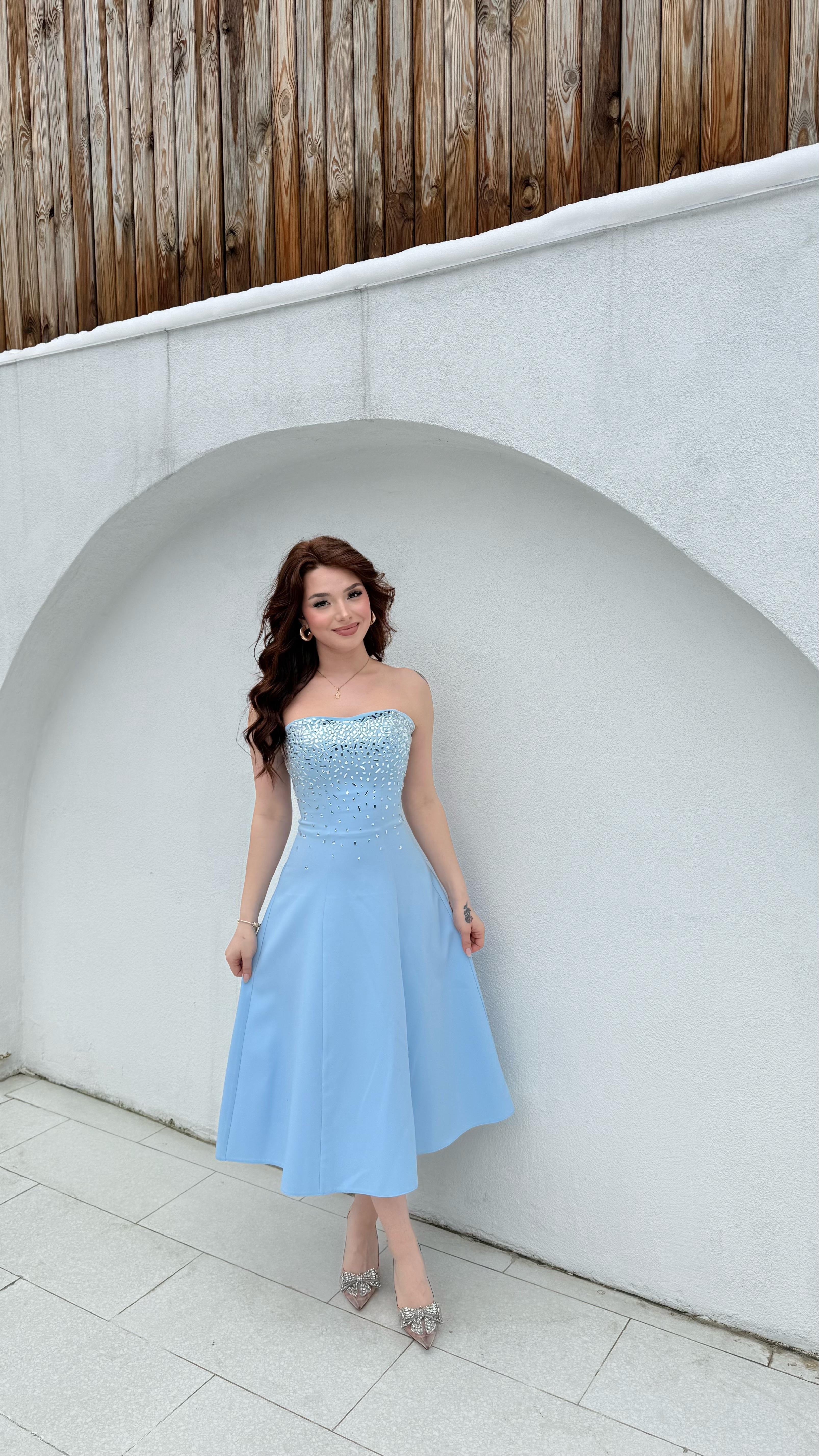 Merida Straplez Taşlı Midi Abiye Bebe Mavisi