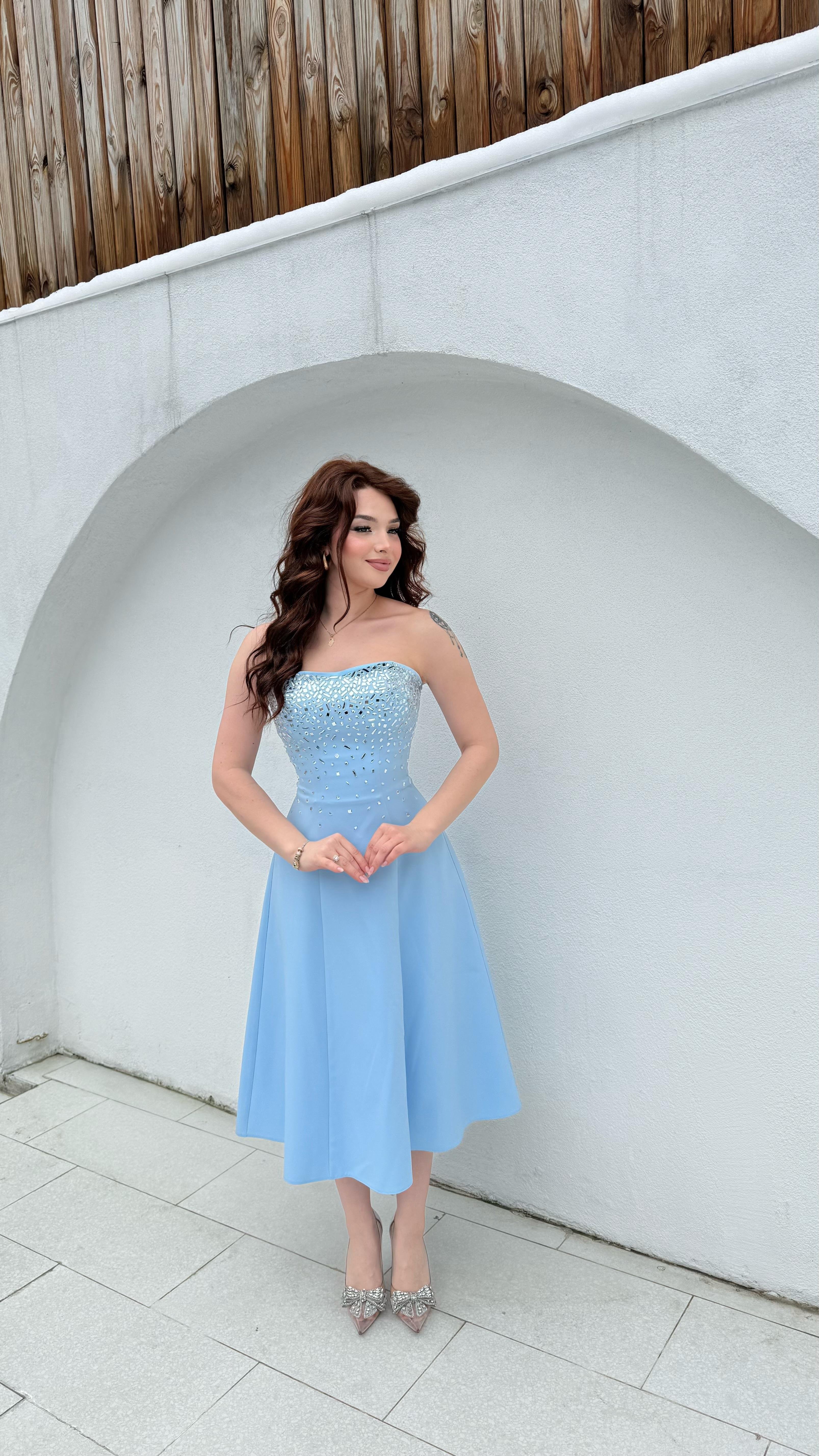 Merida Straplez Taşlı Midi Abiye Bebe Mavisi