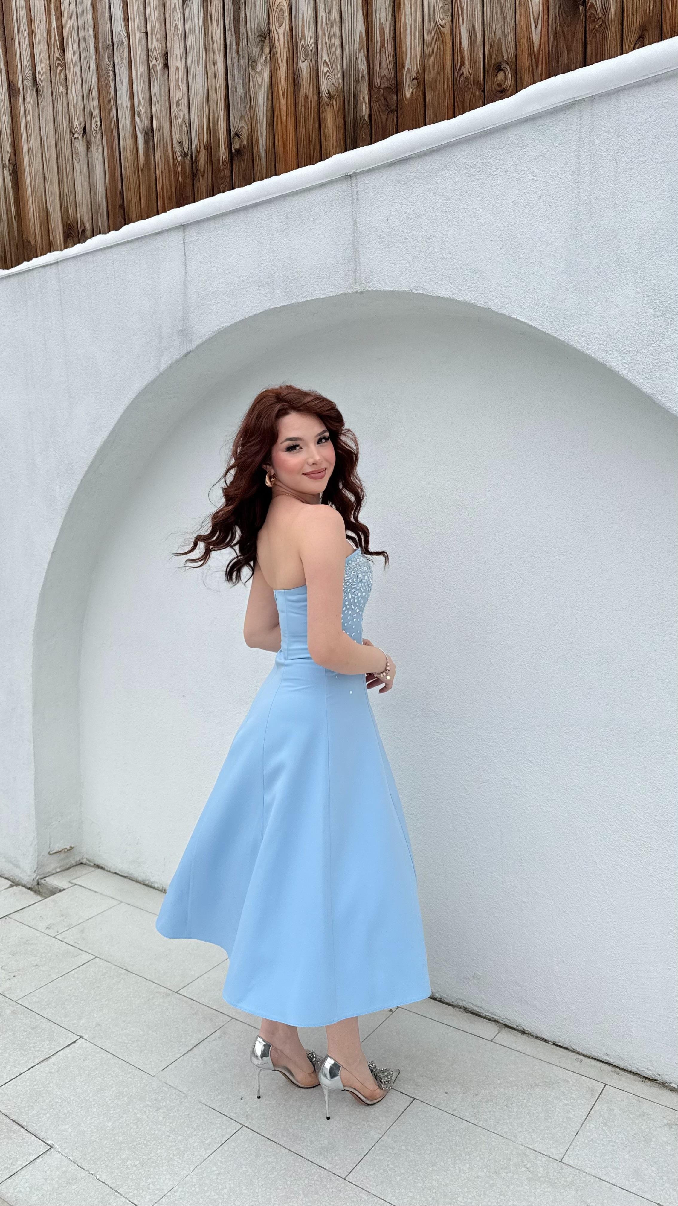 Merida Straplez Taşlı Midi Abiye Bebe Mavisi