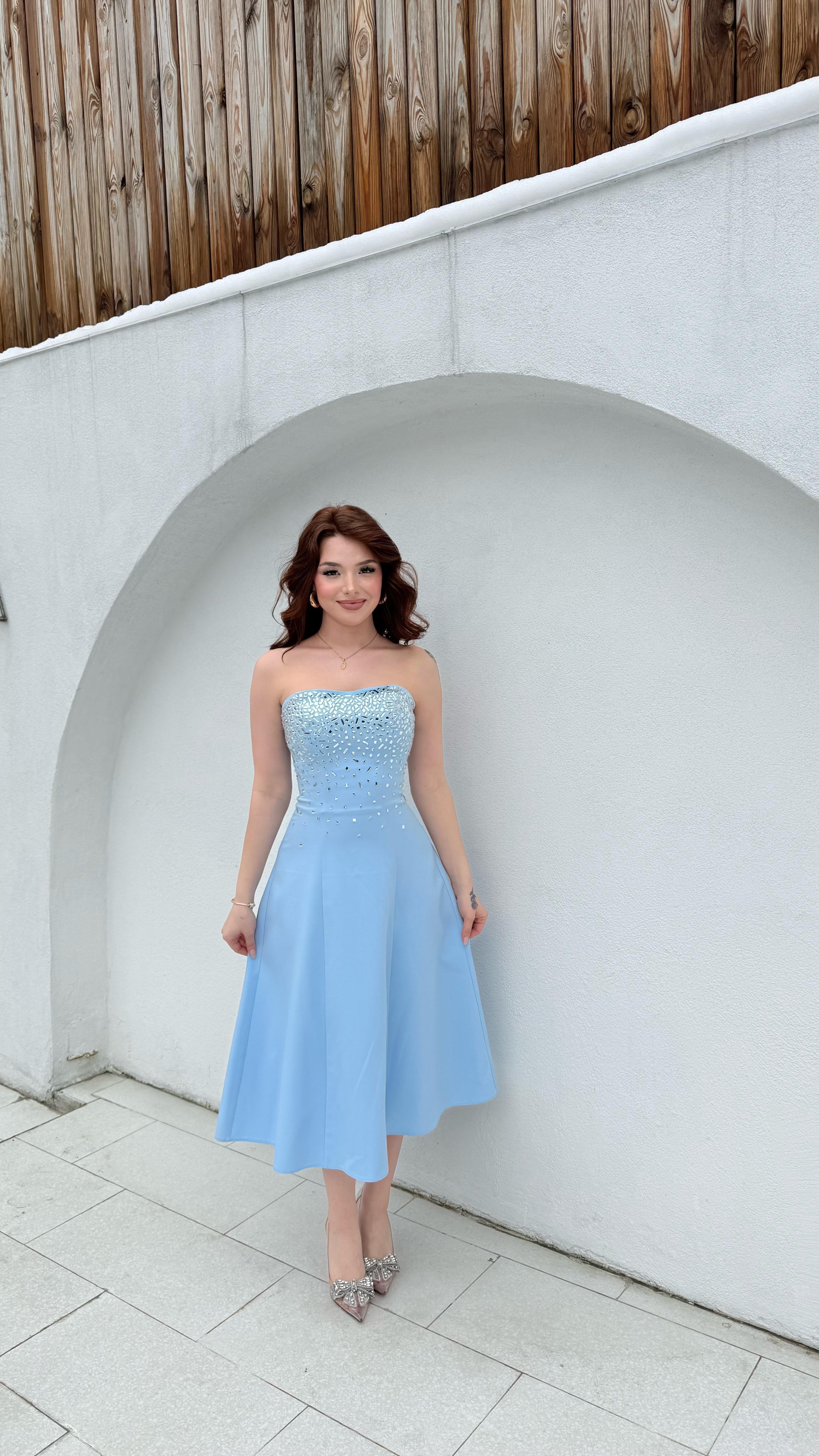 Merida Straplez Taşlı Midi Abiye Bebe Mavisi