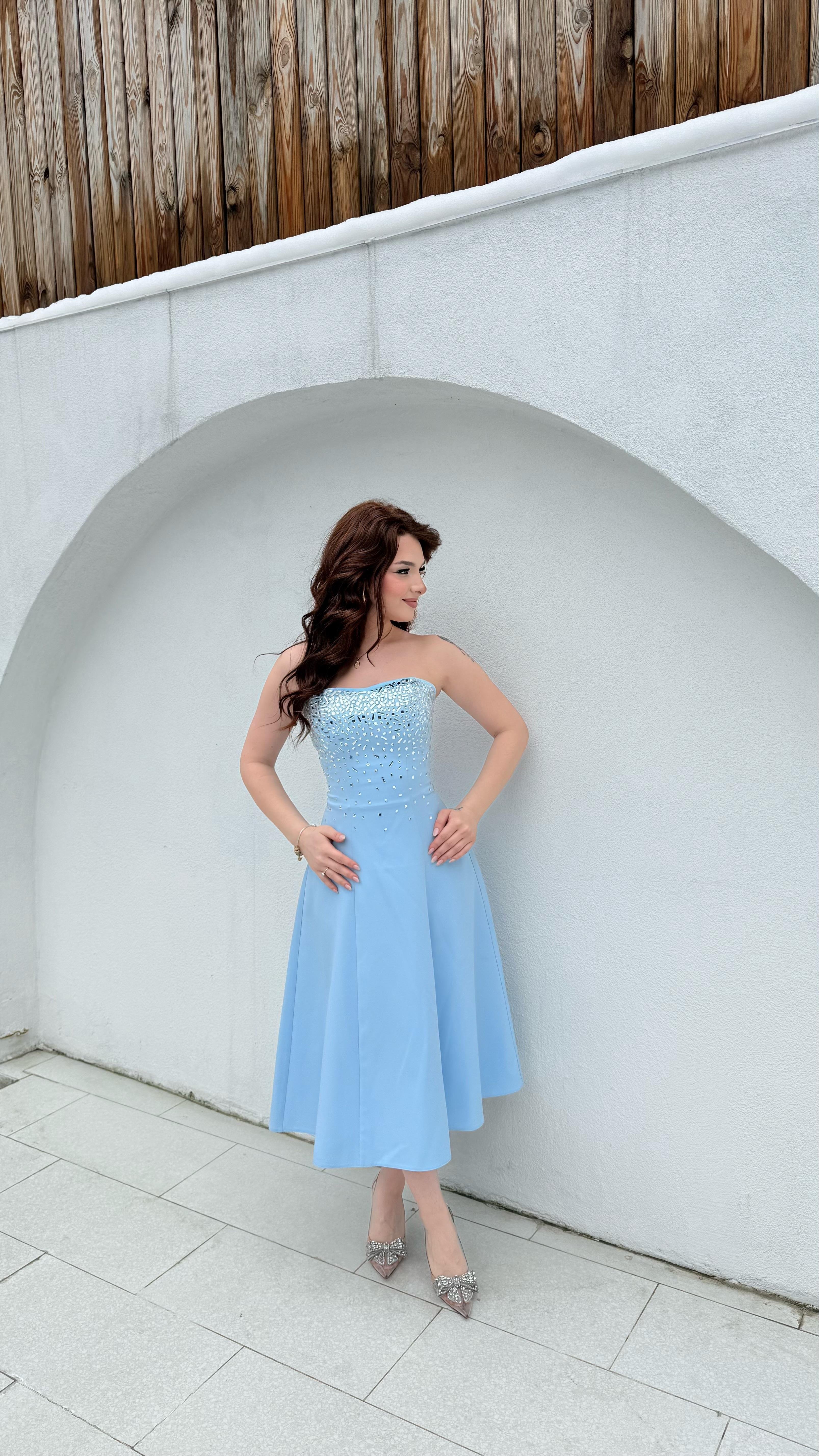 Merida Straplez Taşlı Midi Abiye Bebe Mavisi