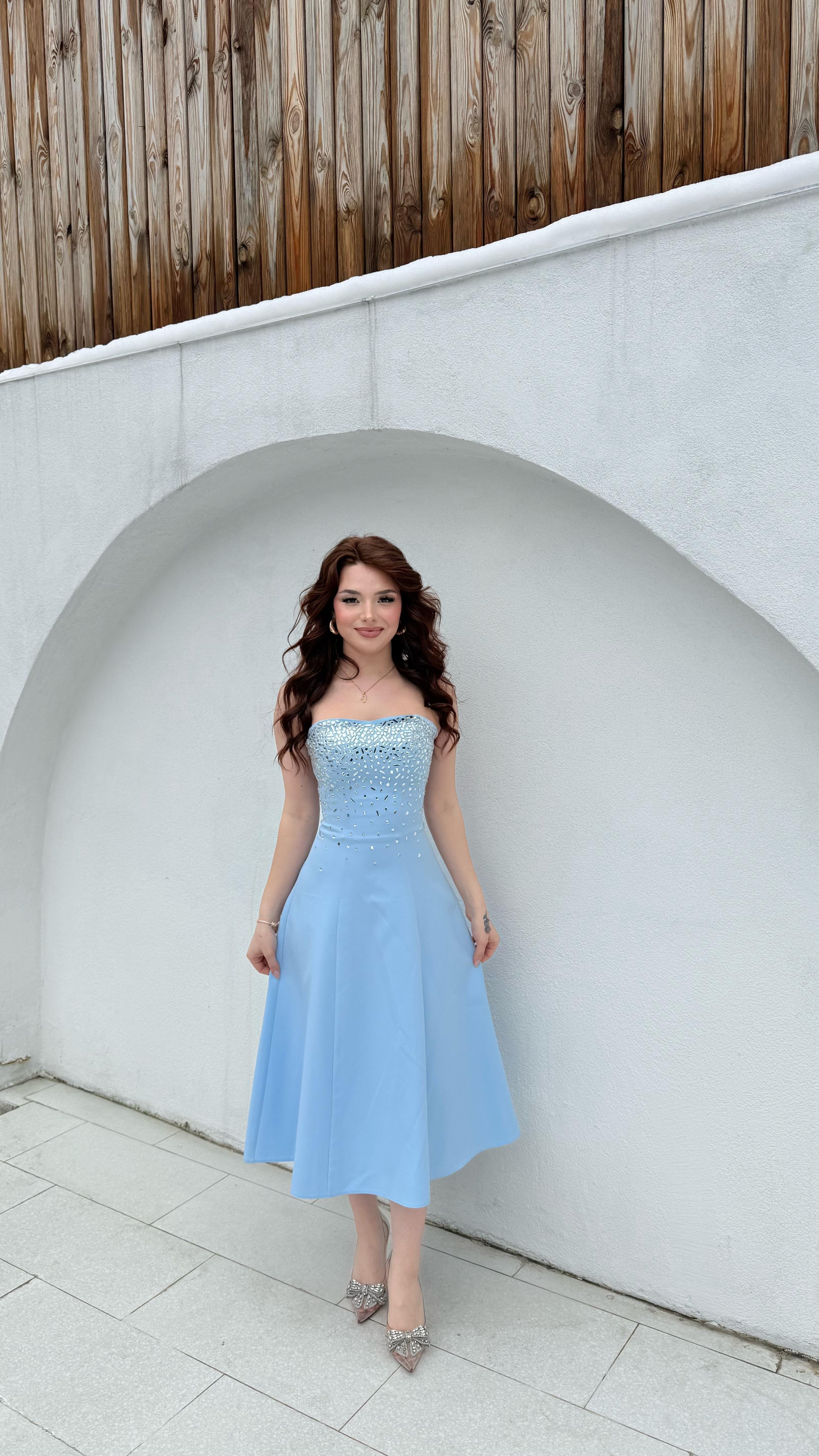 Merida Straplez Taşlı Midi Abiye Bebe Mavisi