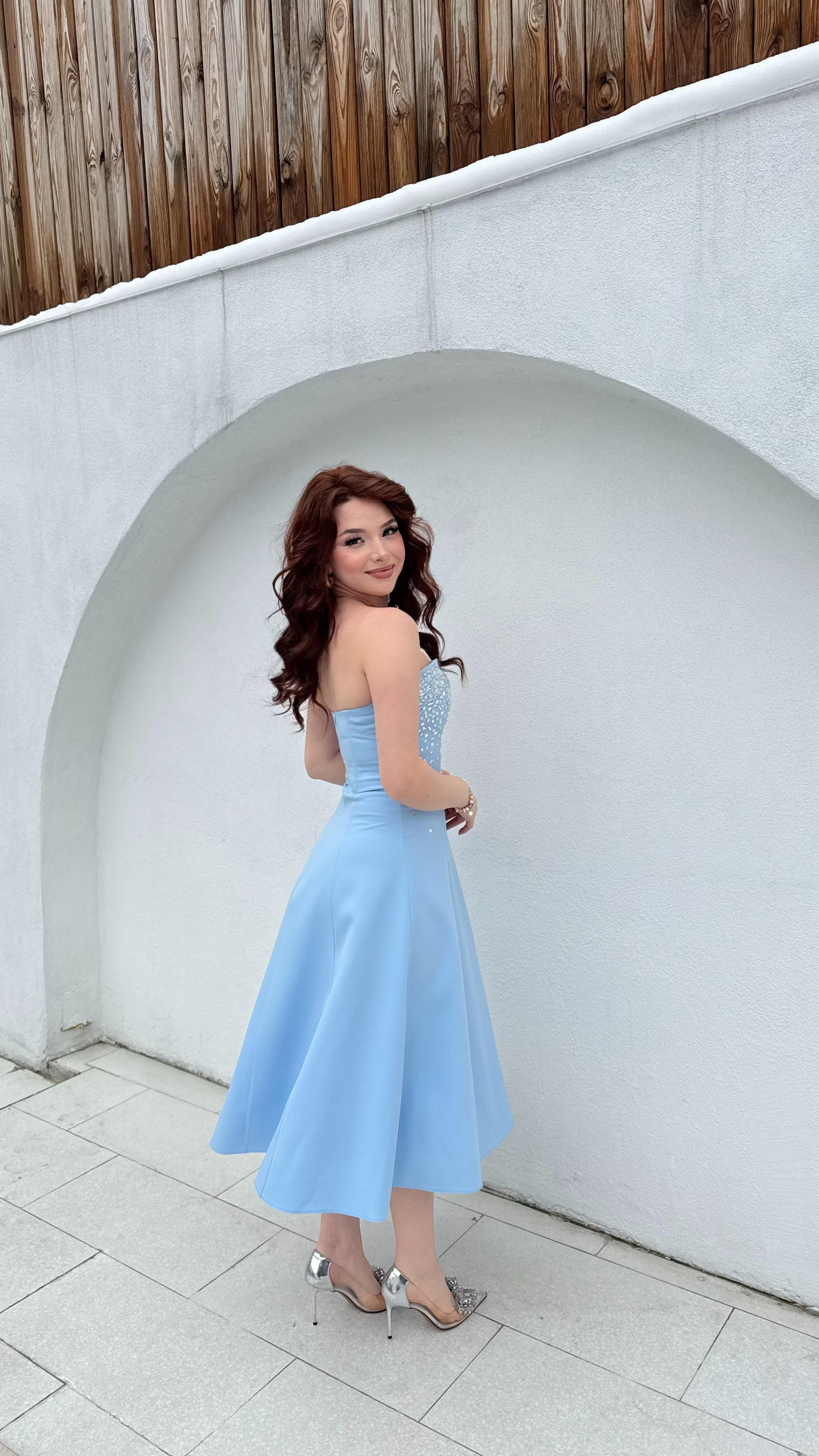 Merida Straplez Taşlı Midi Abiye Bebe Mavisi