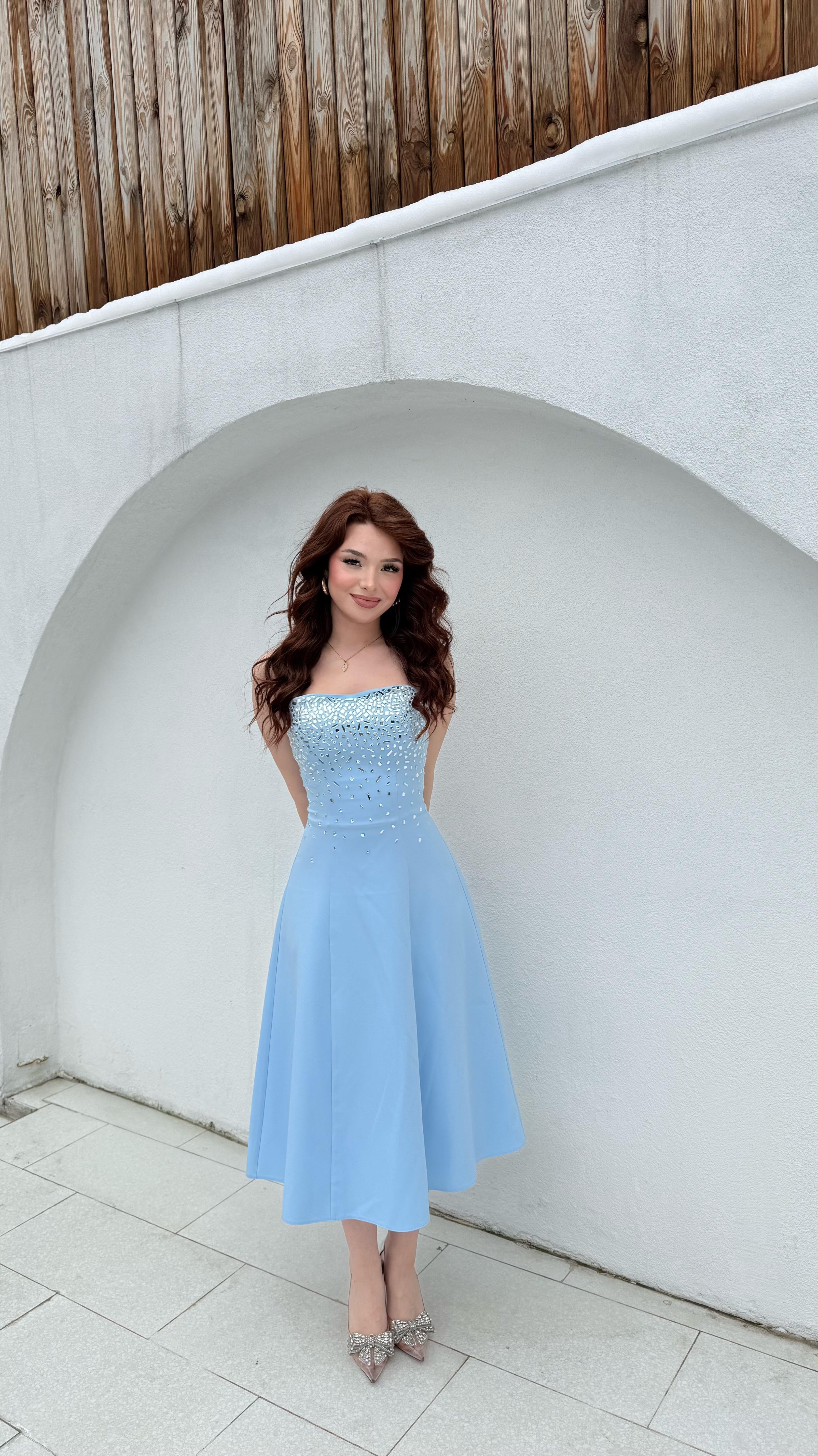 Merida Straplez Taşlı Midi Abiye Bebe Mavisi