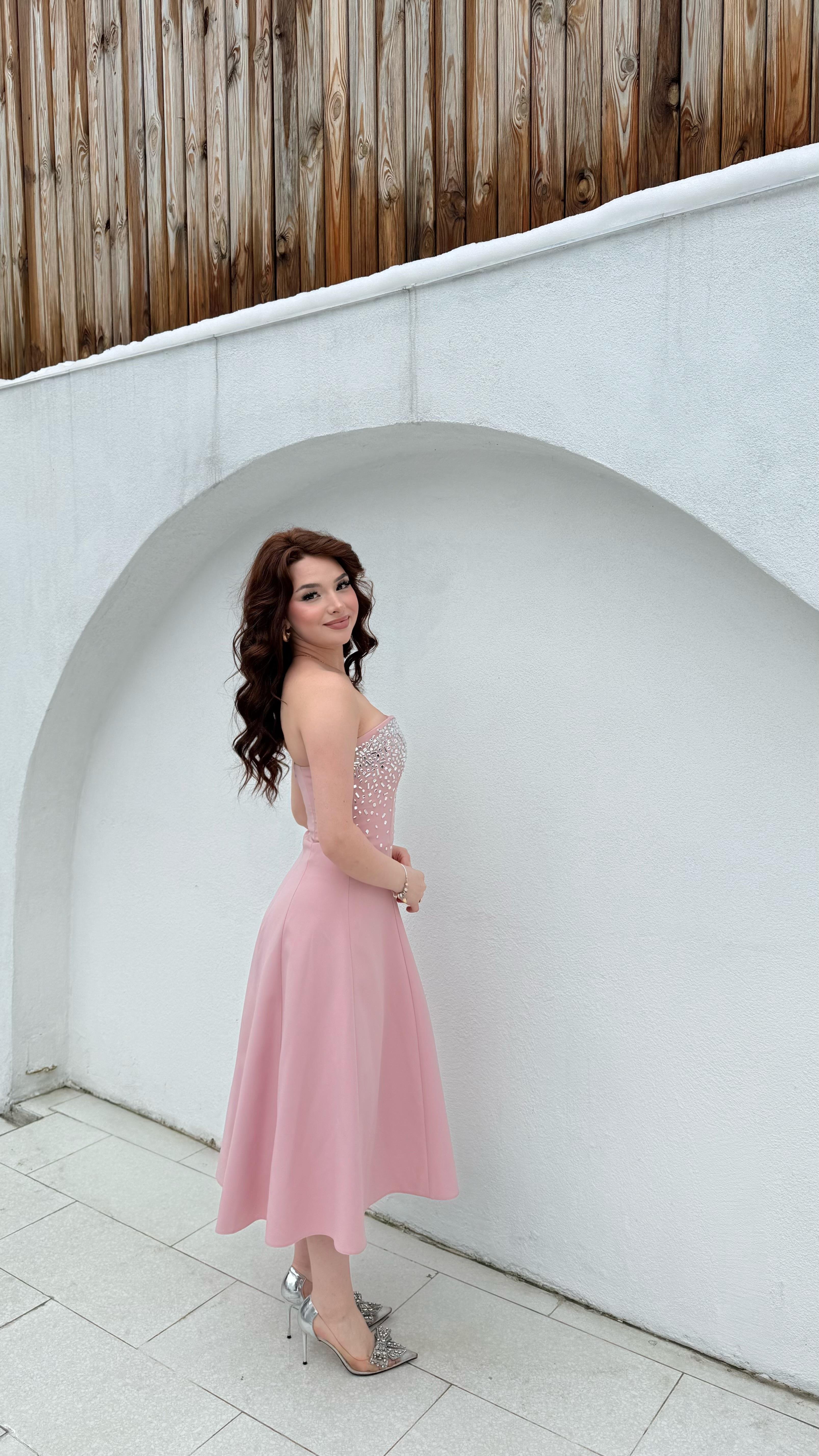 Merida Straplez Taşlı Midi Abiye Pudra Pembesi