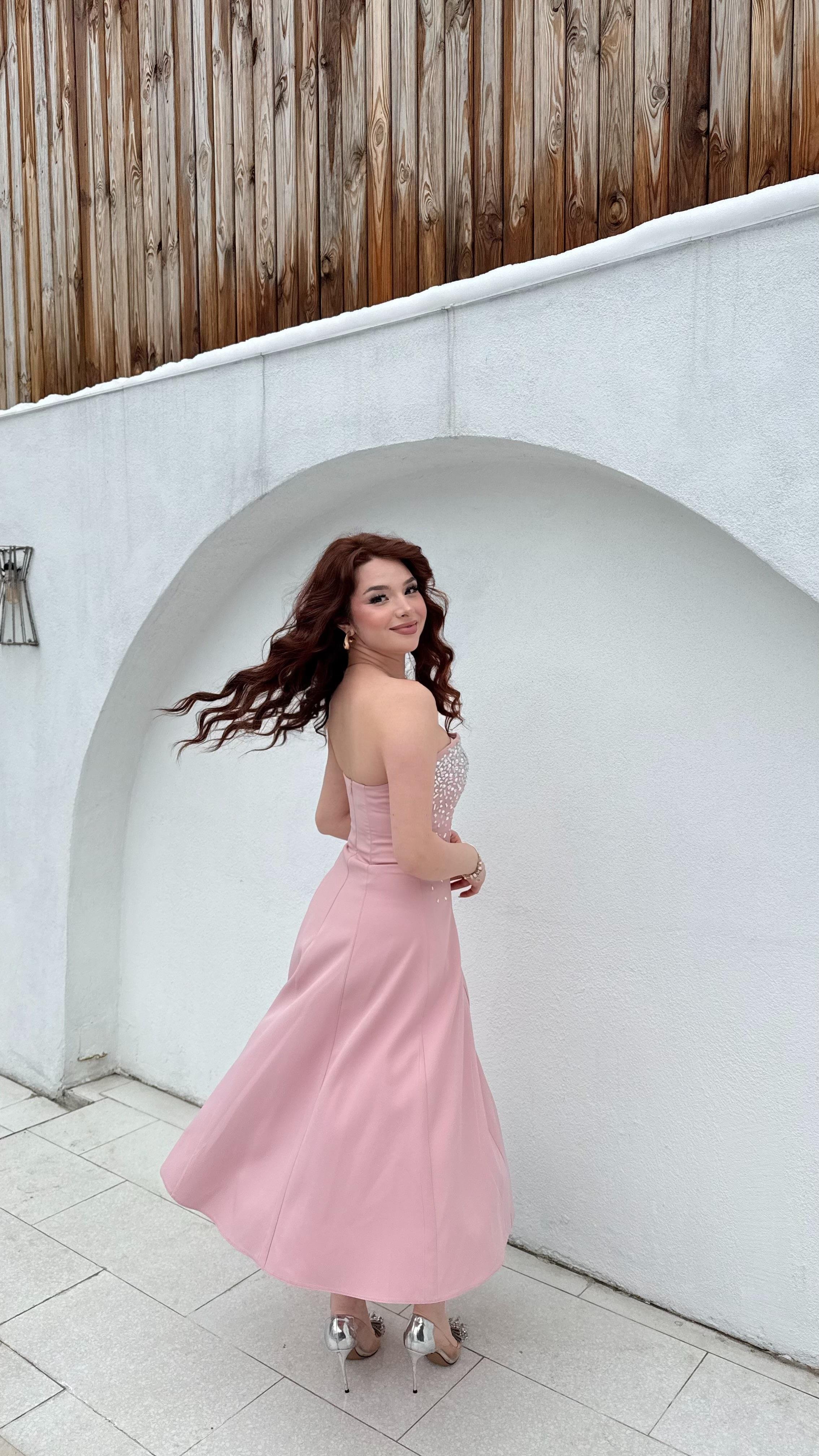 Merida Straplez Taşlı Midi Abiye Pudra Pembesi