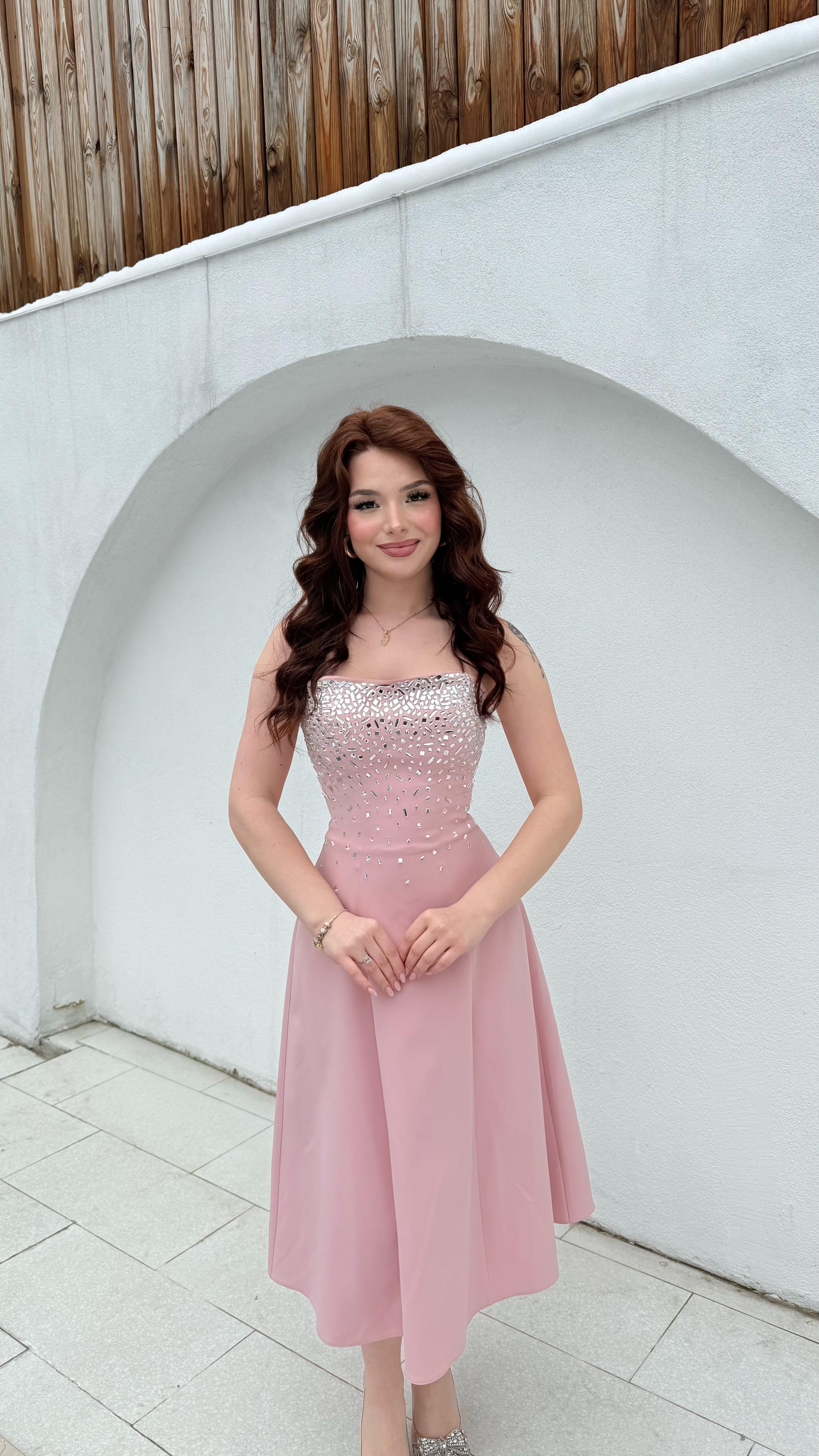 Merida Straplez Taşlı Midi Abiye Pudra Pembesi