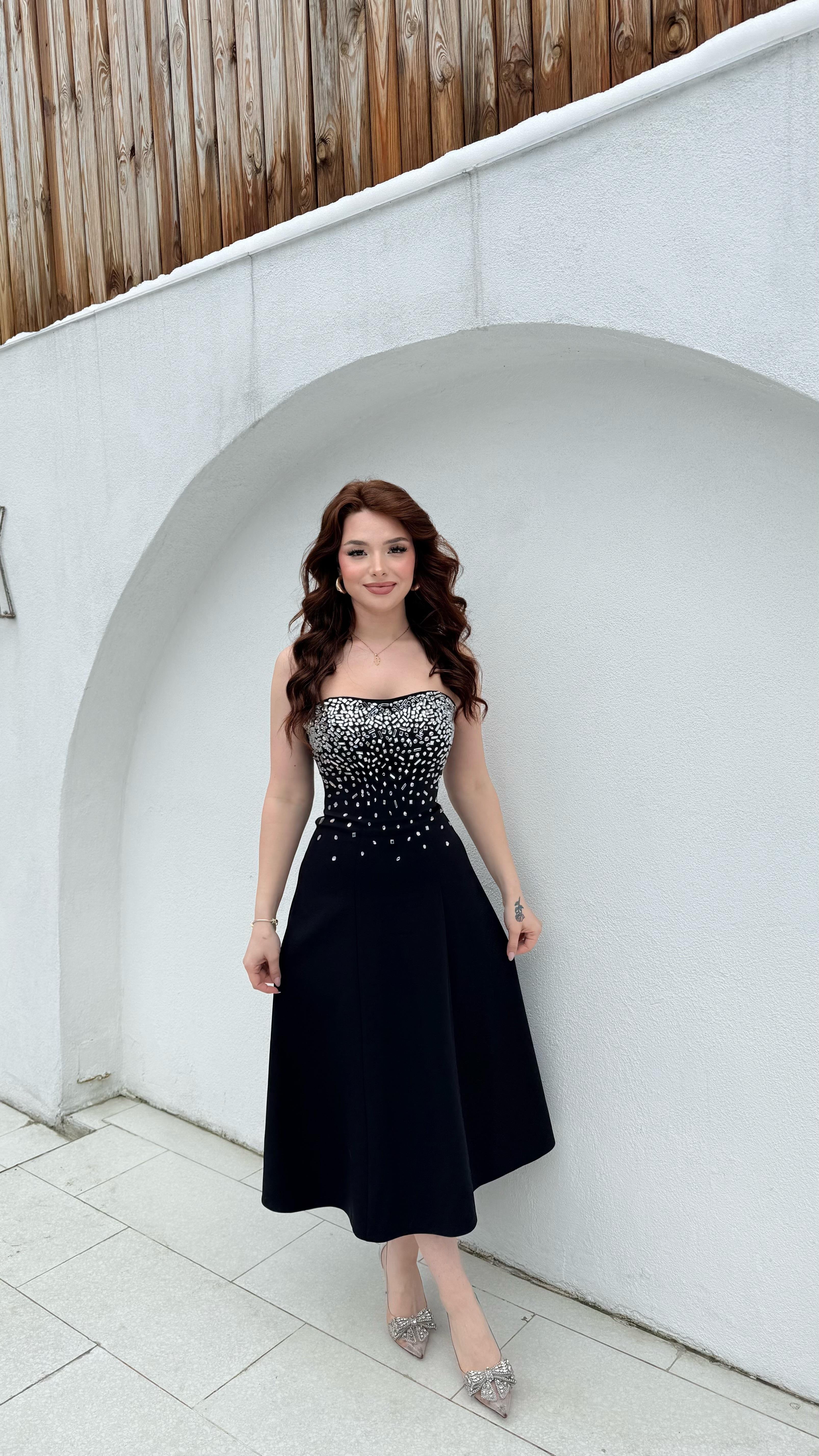 Merida Straplez Taşlı Midi Abiye Siyah