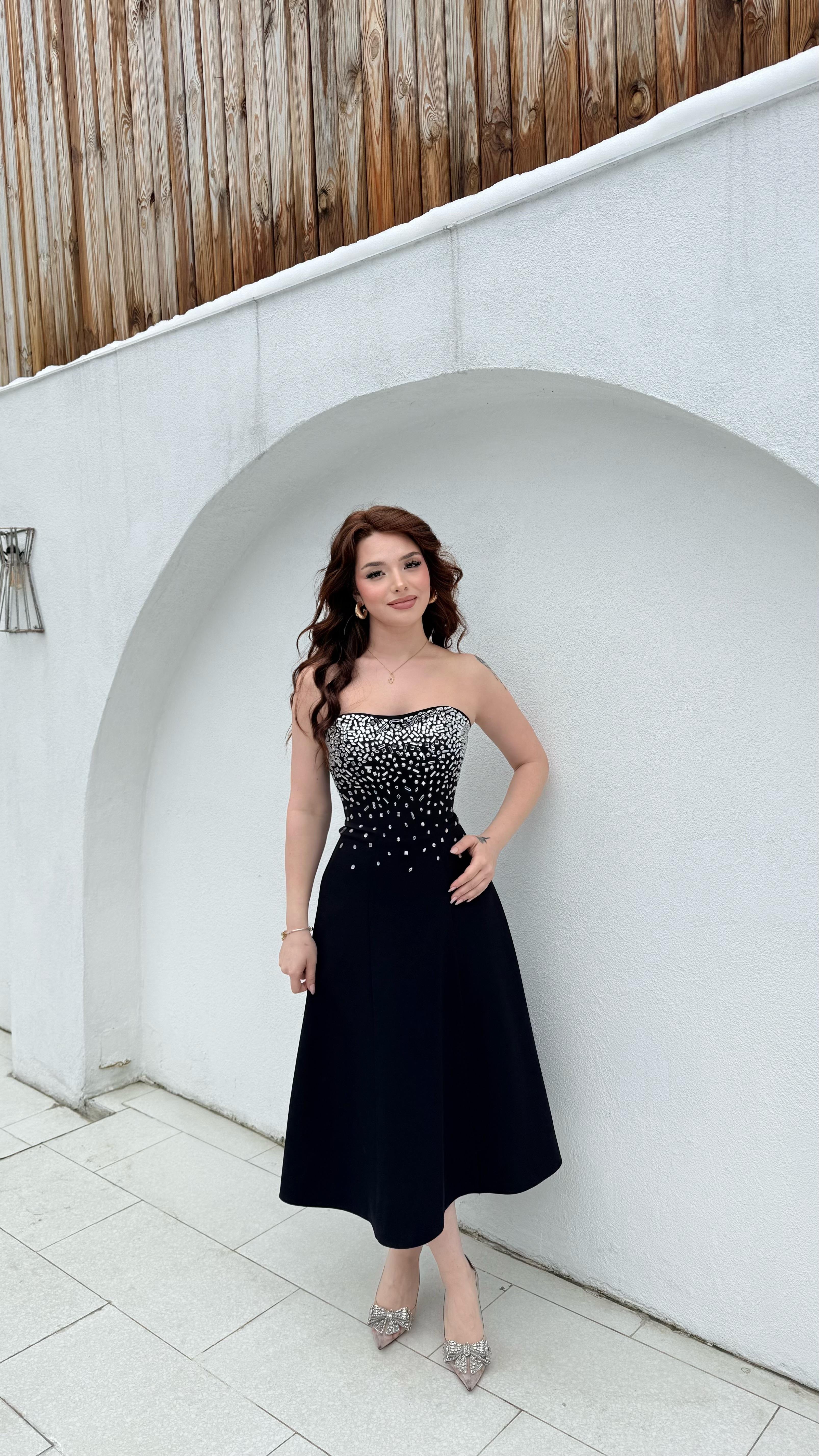 Merida Straplez Taşlı Midi Abiye Siyah