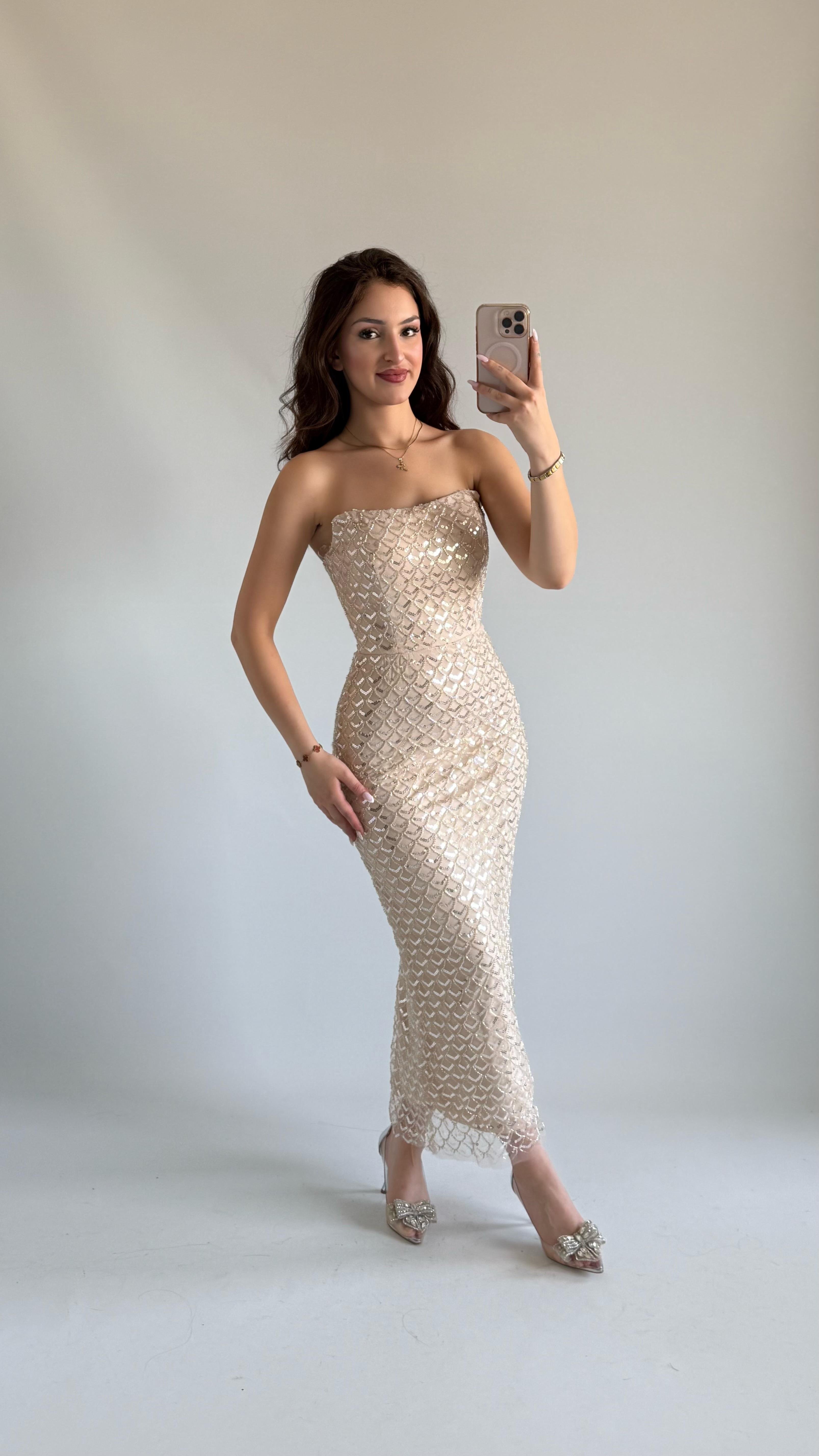 Mermaid Midi Straplez Abiye Bej