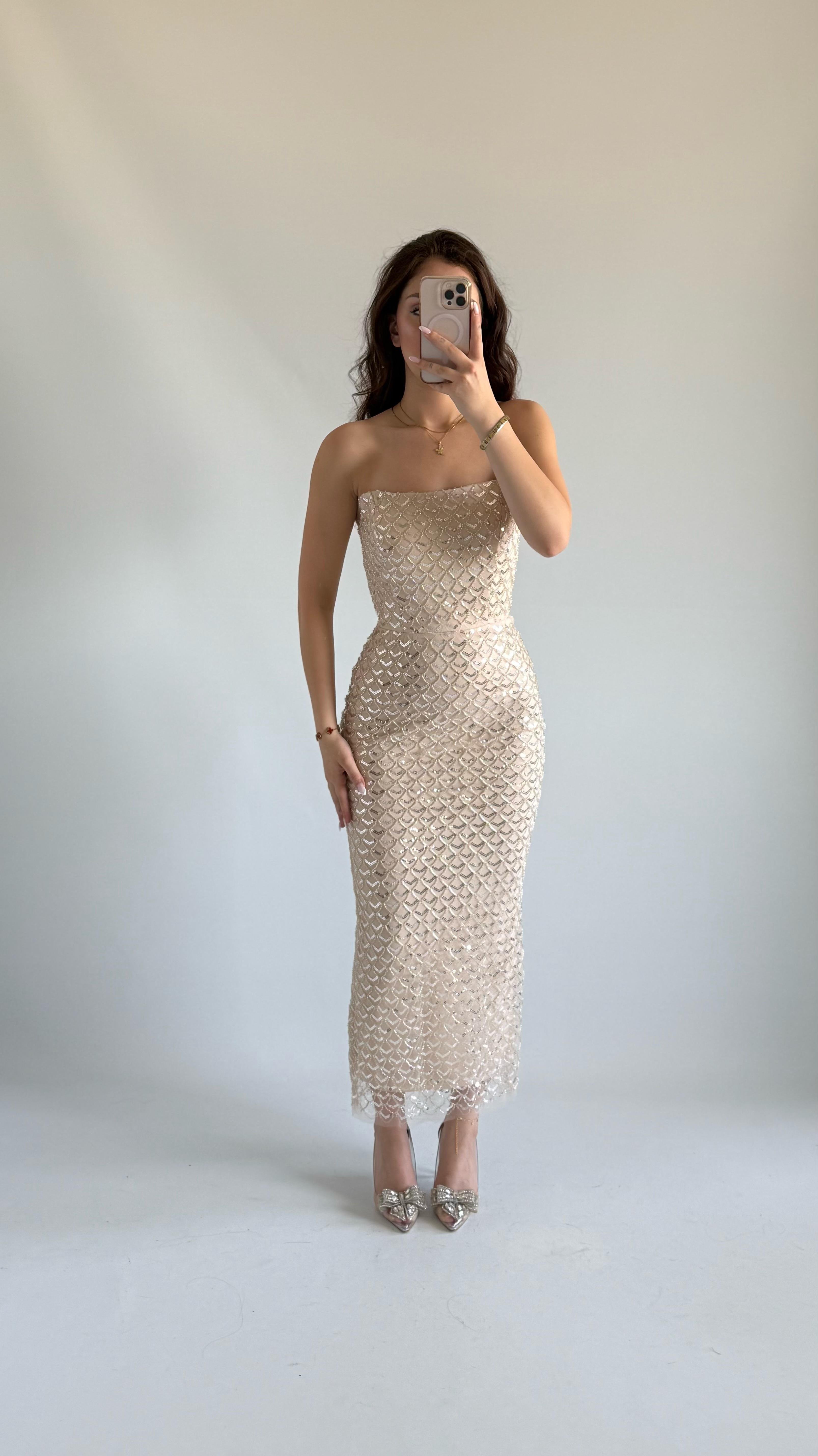 Mermaid Midi Straplez Abiye Bej
