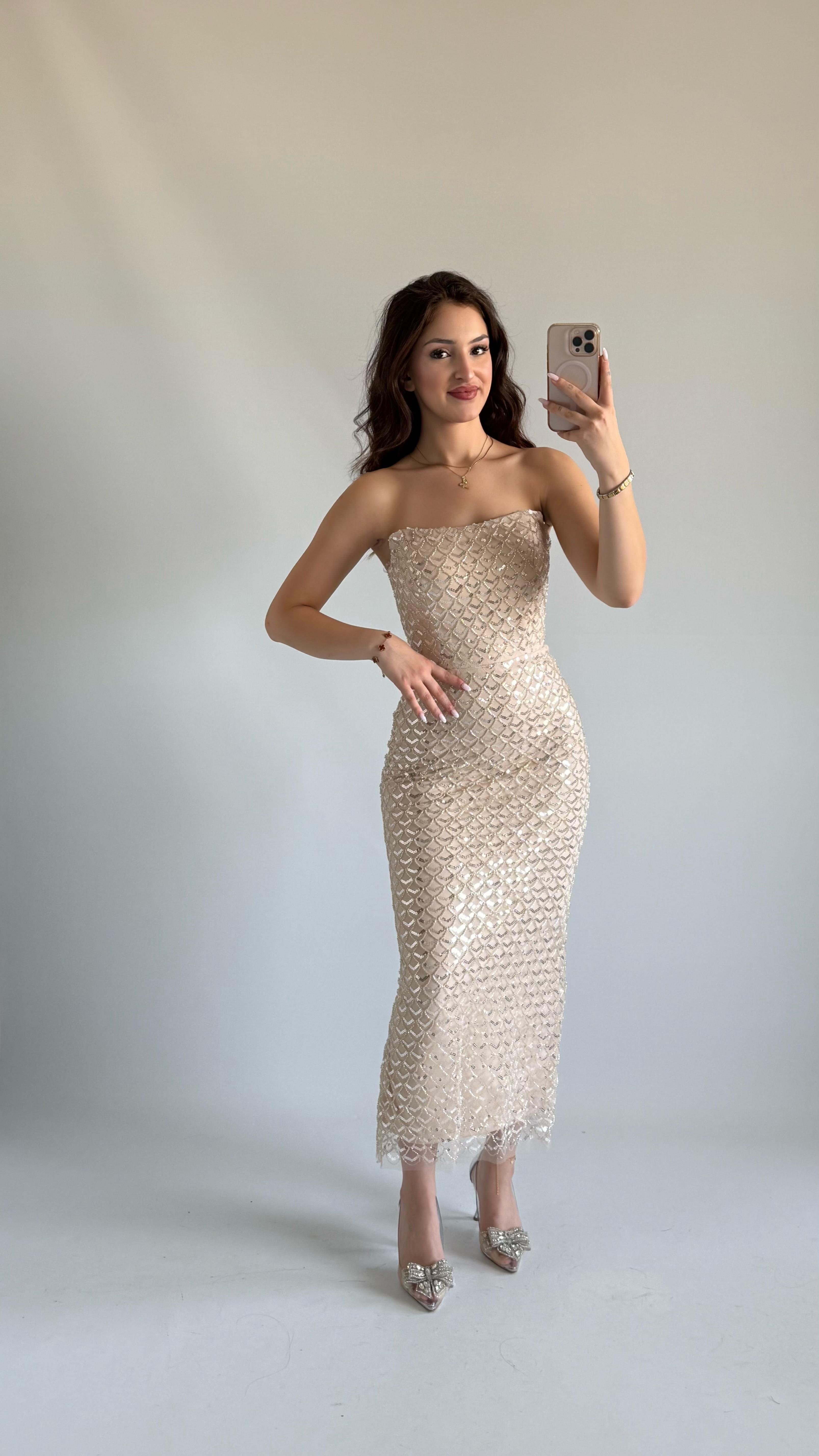 Mermaid Midi Straplez Abiye Bej