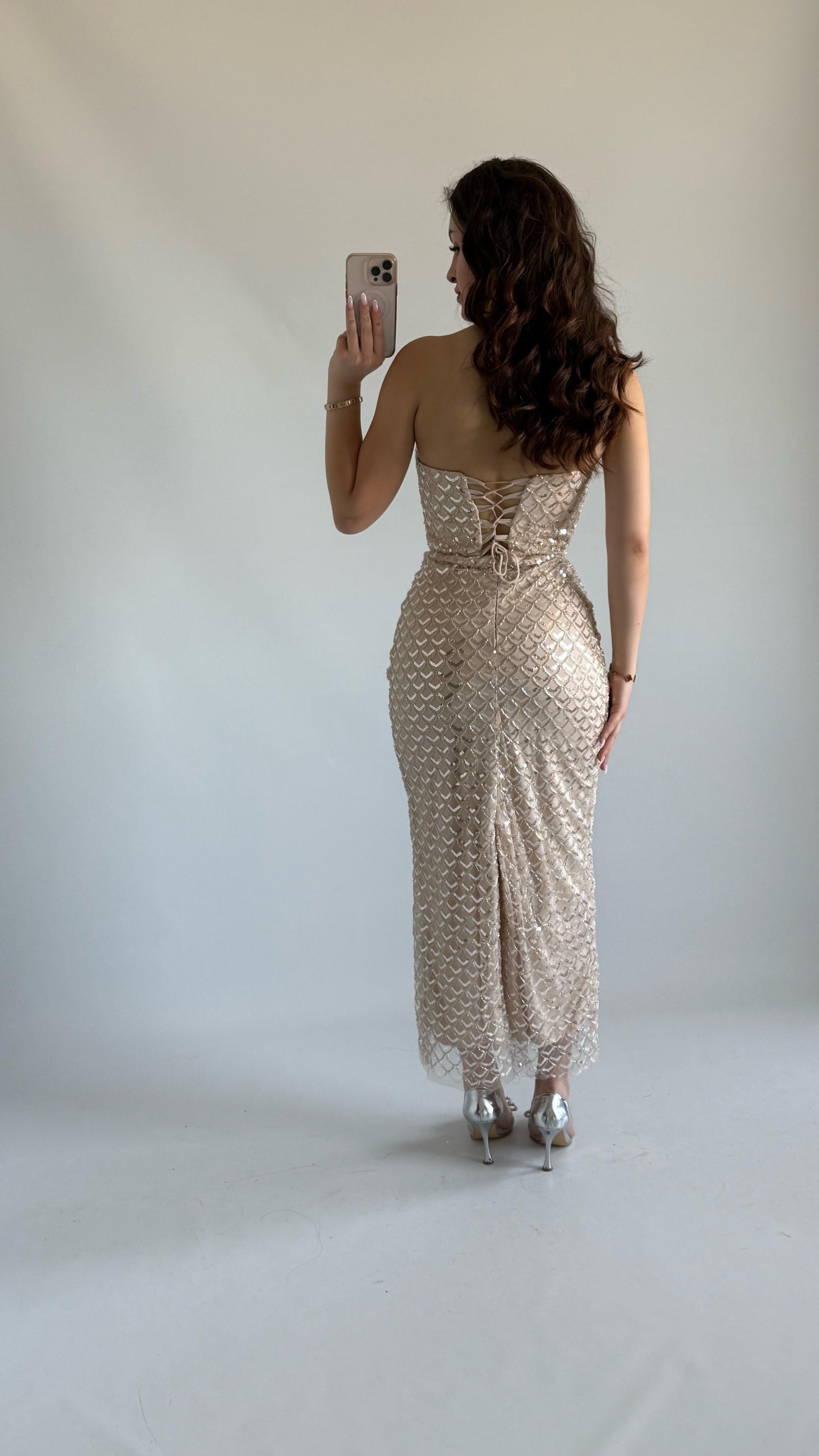 Mermaid Midi Straplez Abiye Bej