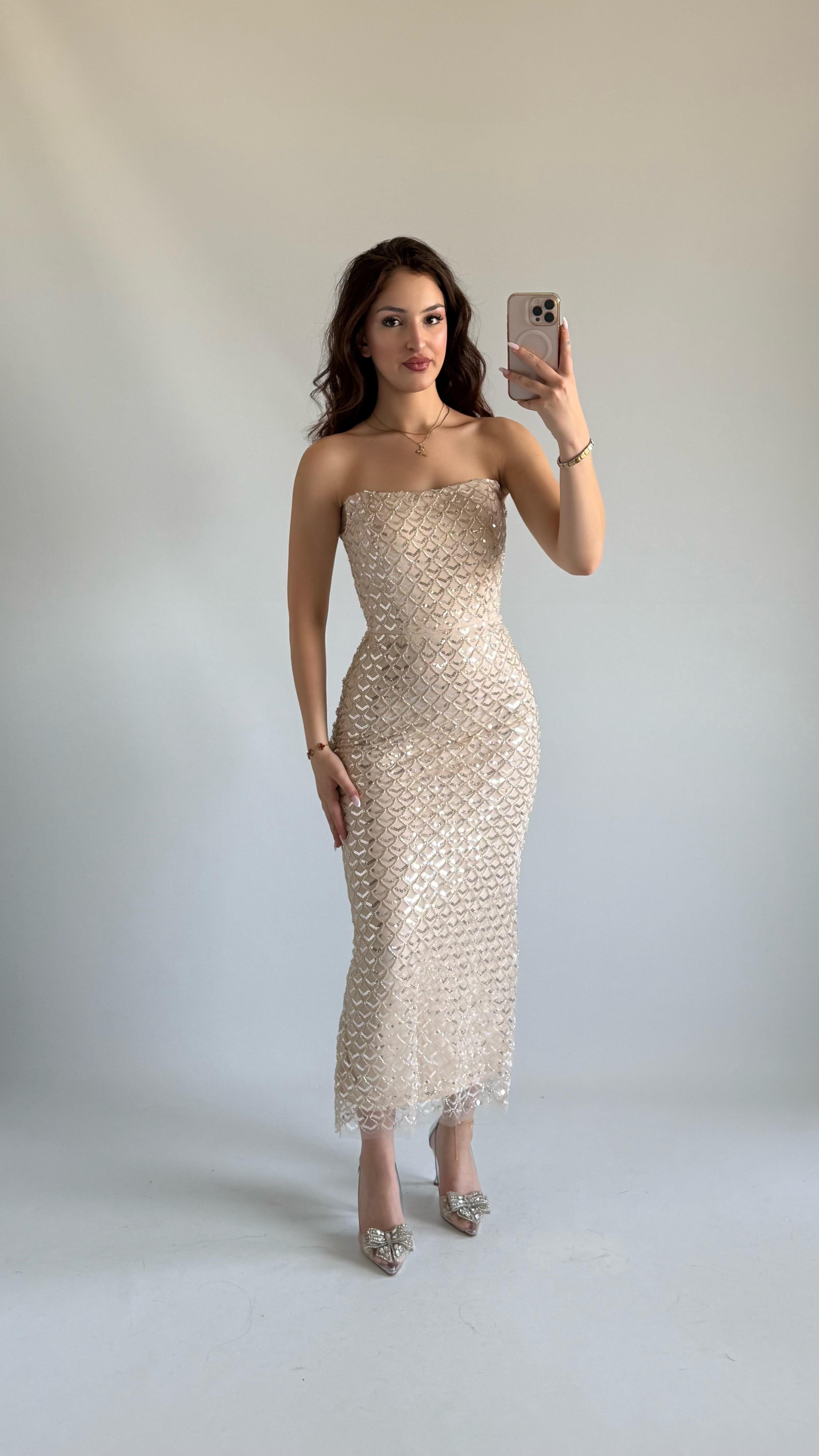 Mermaid Midi Straplez Abiye Bej