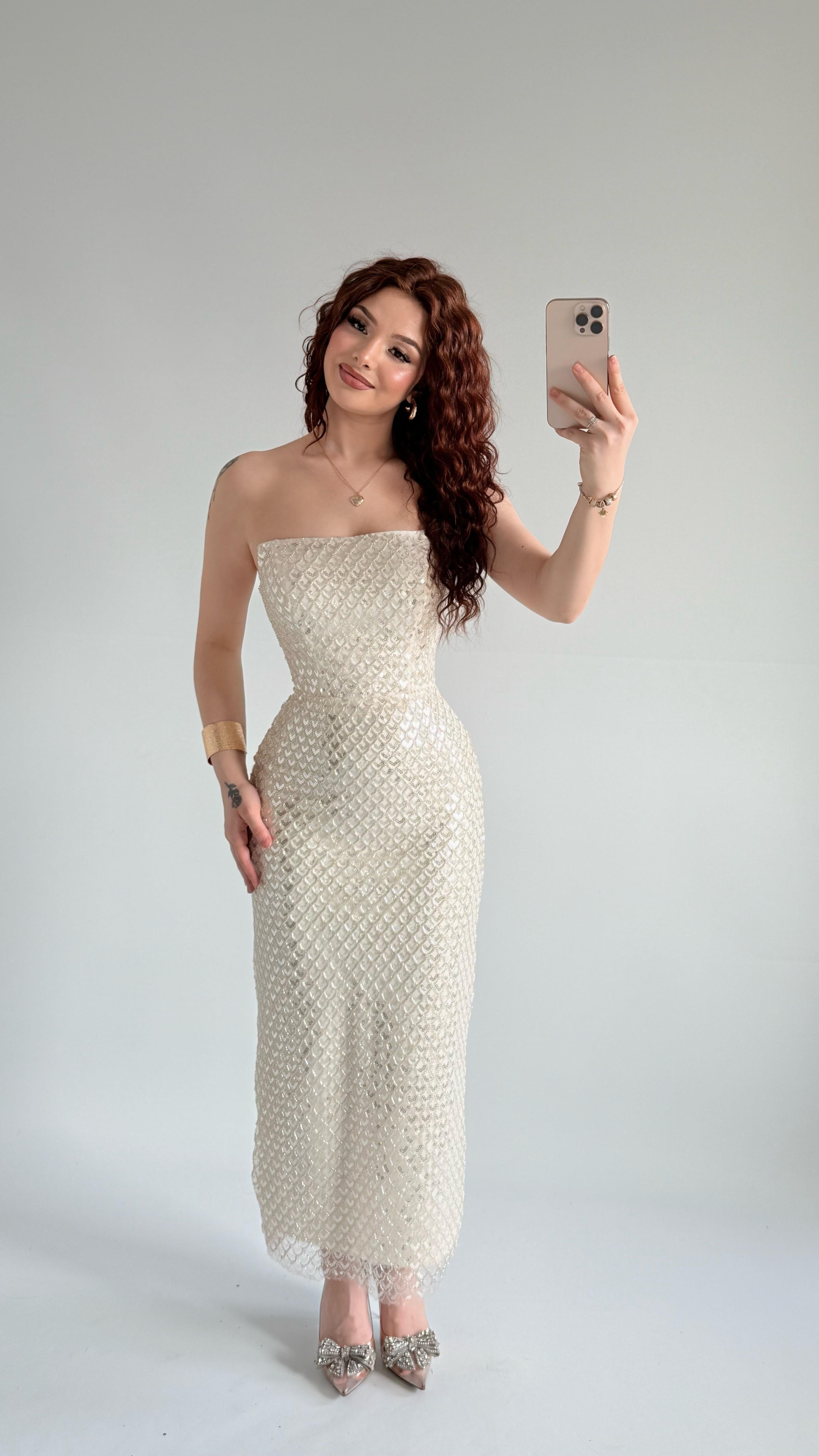 Mermaid Midi Straplez Abiye Ekru
