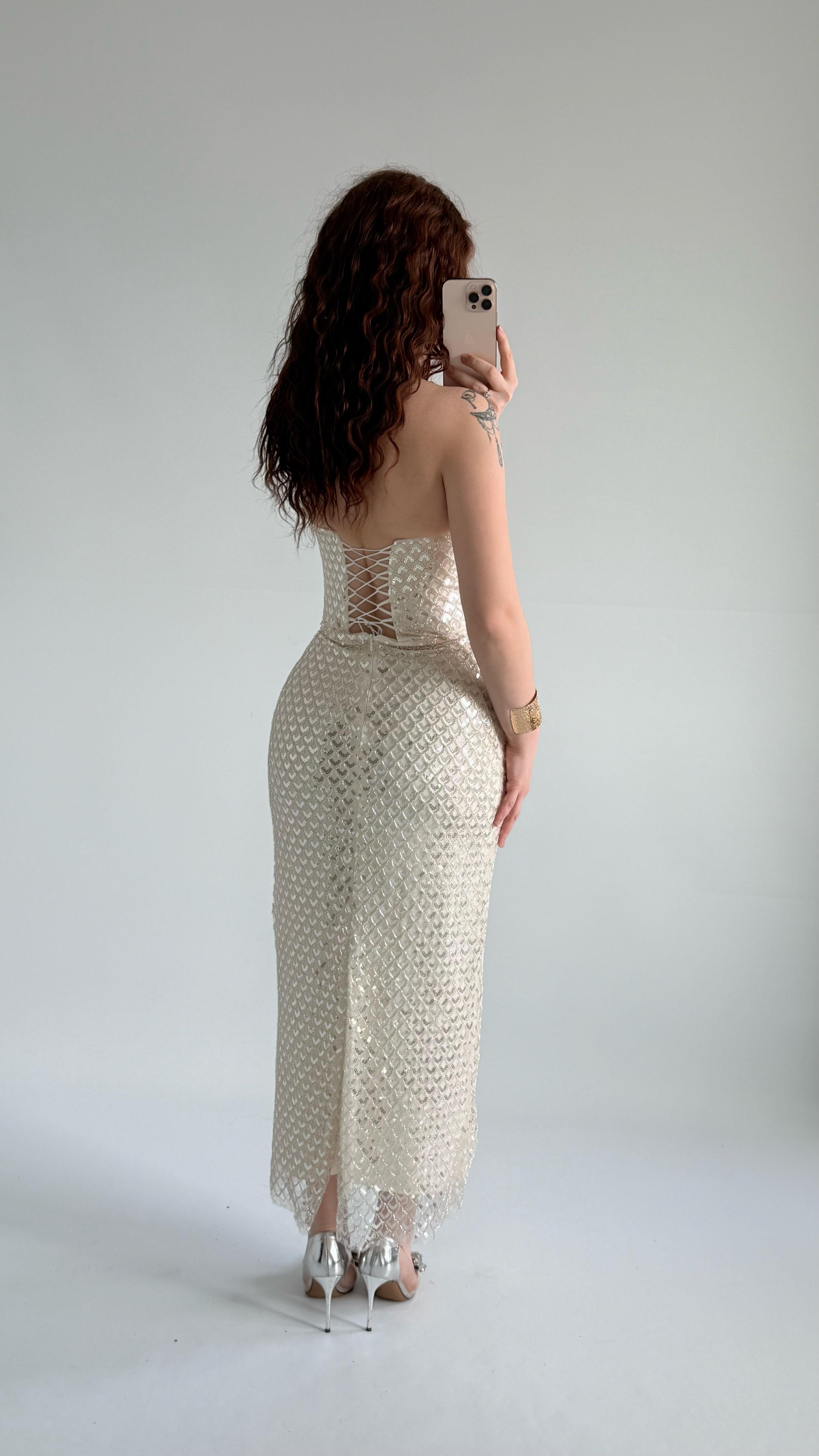 Mermaid Midi Straplez Abiye Ekru