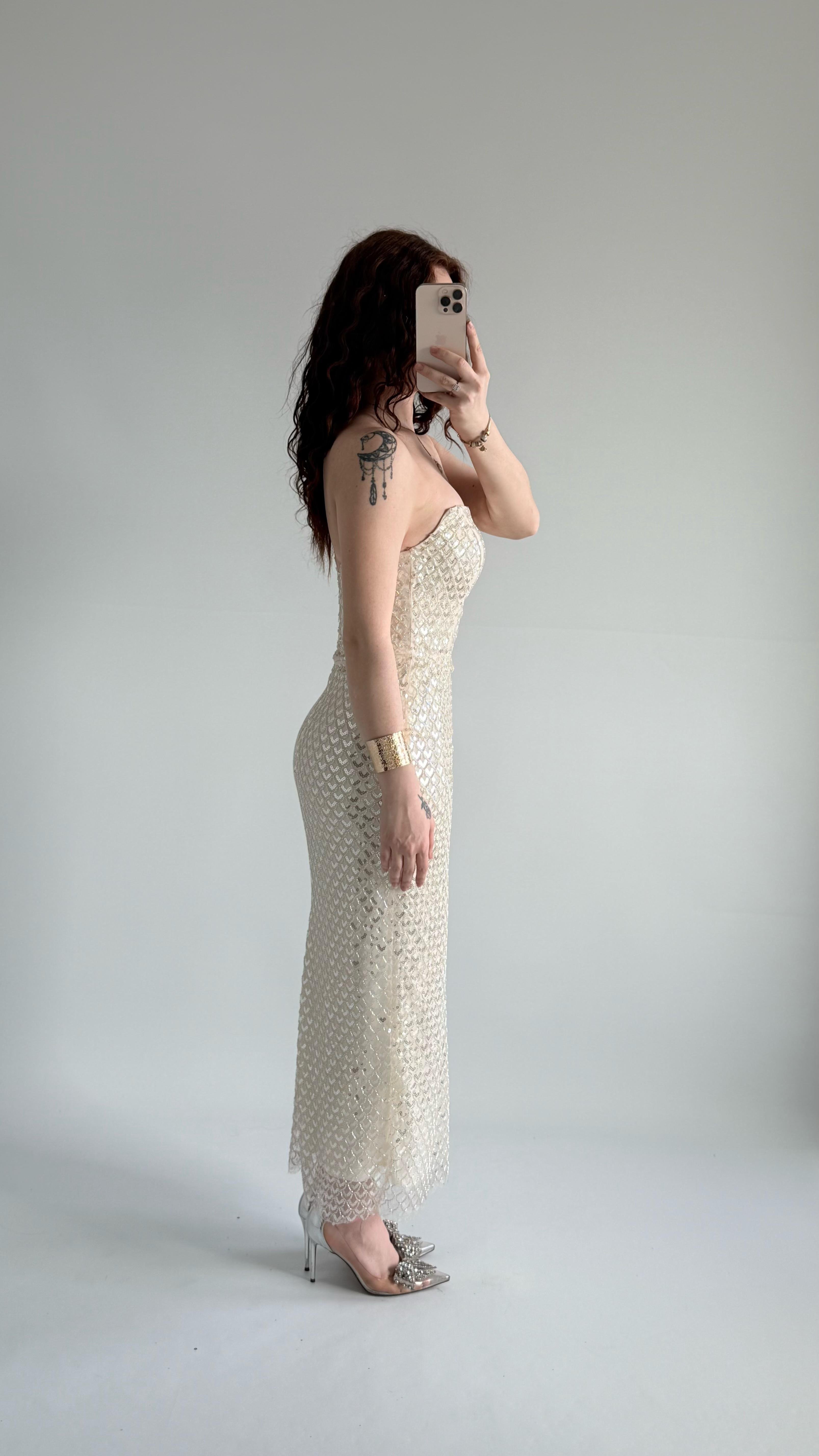 Mermaid Midi Straplez Abiye Ekru