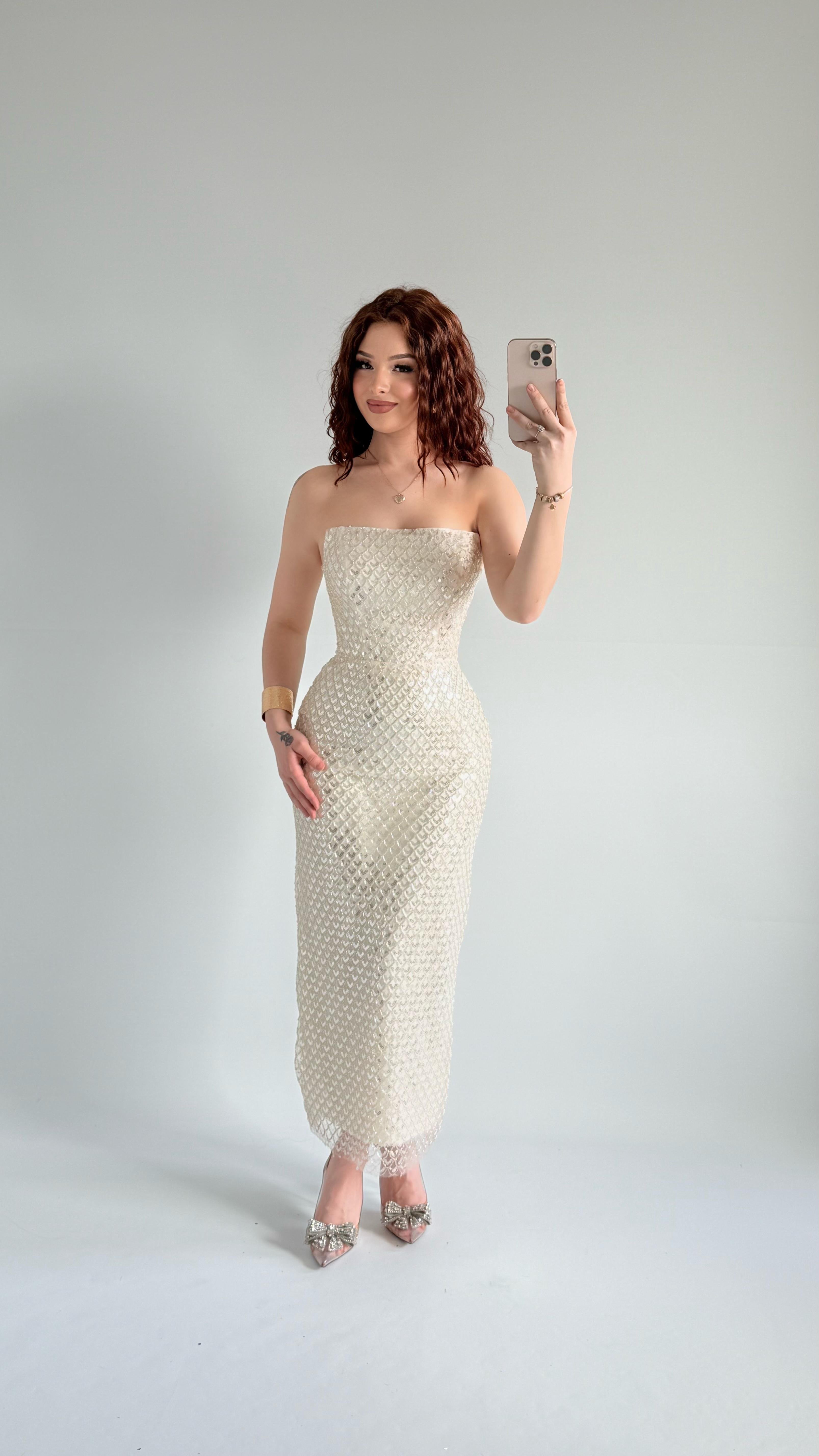 Mermaid Midi Straplez Abiye Ekru